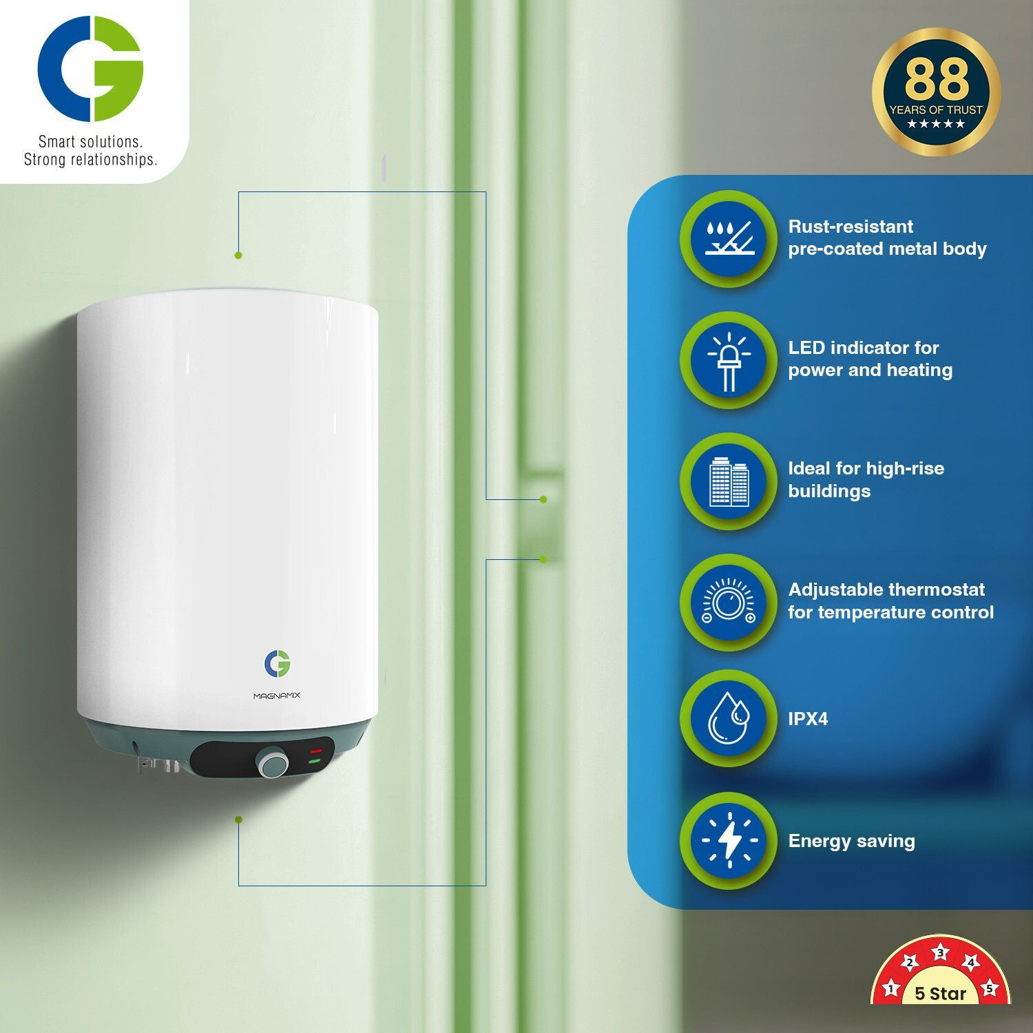 Image of CG MAGNAMIX 15 L Storage Water Geyser | 5 Star BEE Energy Rating | Glassline Tanked