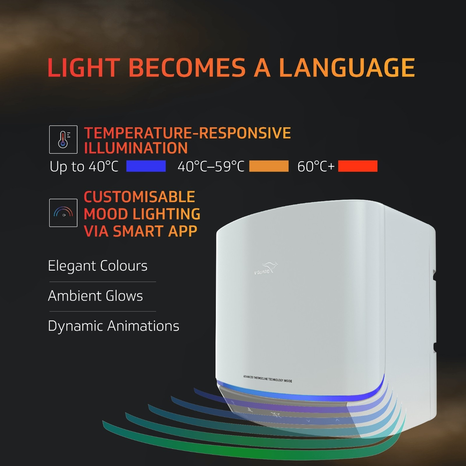 Image of V-Guard Luxecube Avo Smart 25 L Storage Water Geyser Customizable Mood Lighting |38% More Hot Water with Advanced Thermocline Technology | BEE 5 Star Rating |Dynamic Luxe Glow Pro Illumination