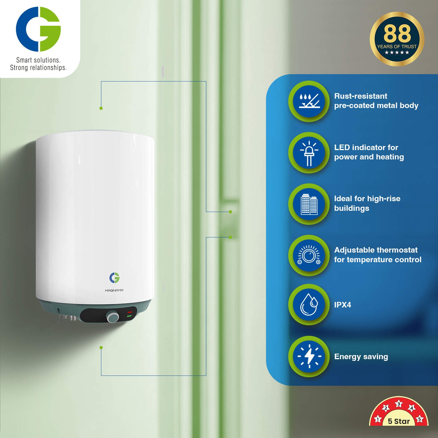 Image of CG MAGNAMIX 10 L Storage Water Geyser | 5 Star BEE Energy Rating | Glassline Tanked