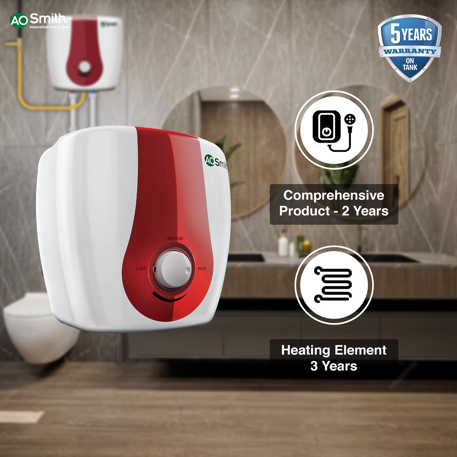 Image of AO Smith SGS-GREEN-025 25 L Storage Water Geyser | 3kW | Vertical | 33% faster heating | Designed for high rise buildings with 8 bar pressure rating | Longer life in hard water conditions with Blue Diamond glass lined tank | BEE 5-star rating for superior energy efficiency and power savings | Free Installation