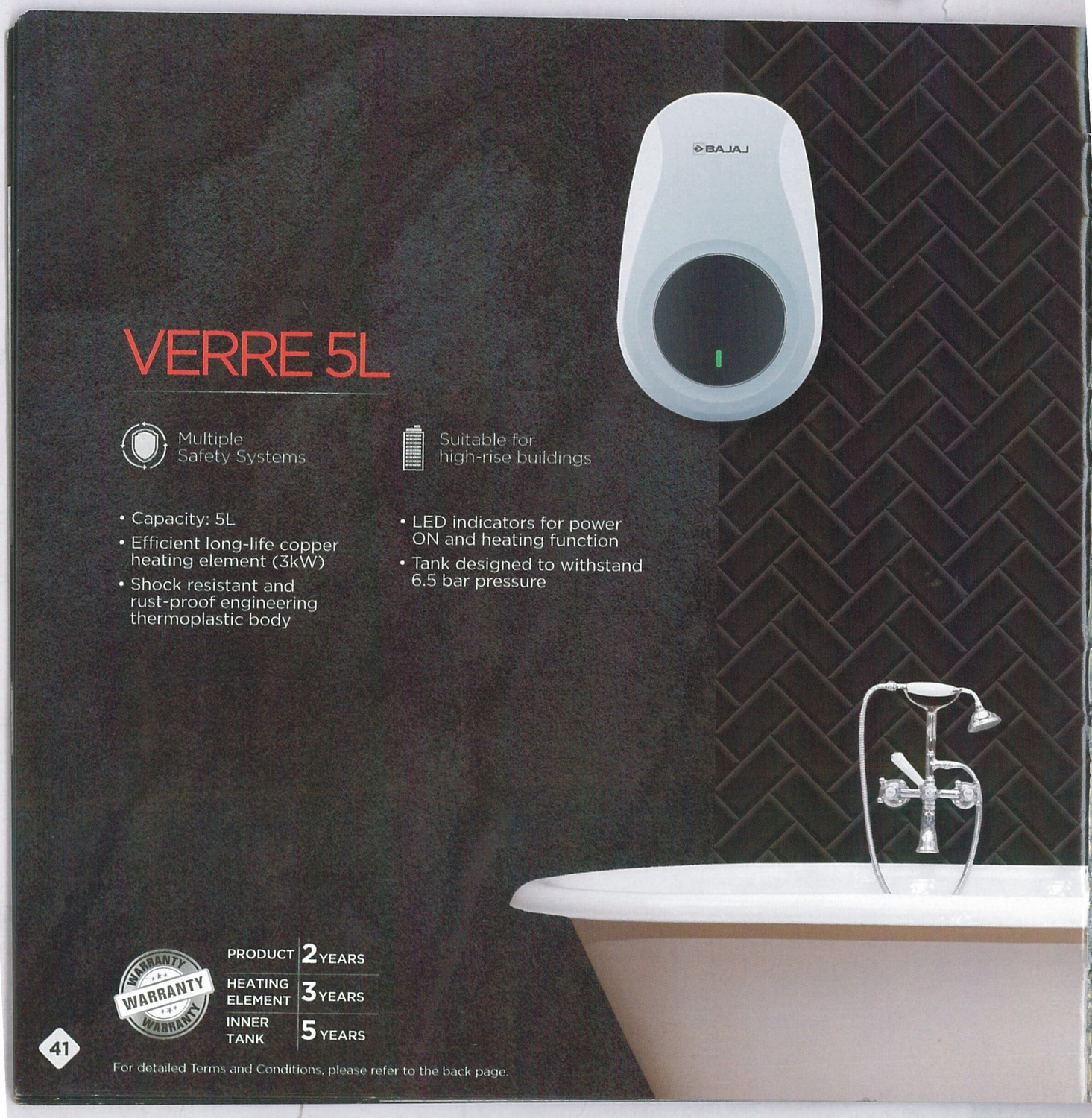 Image of BAJAJ SHIELD SERIES VERRE PLUS IWH 5 L Instant Water Geyser | with Free Pipes and Free Installation