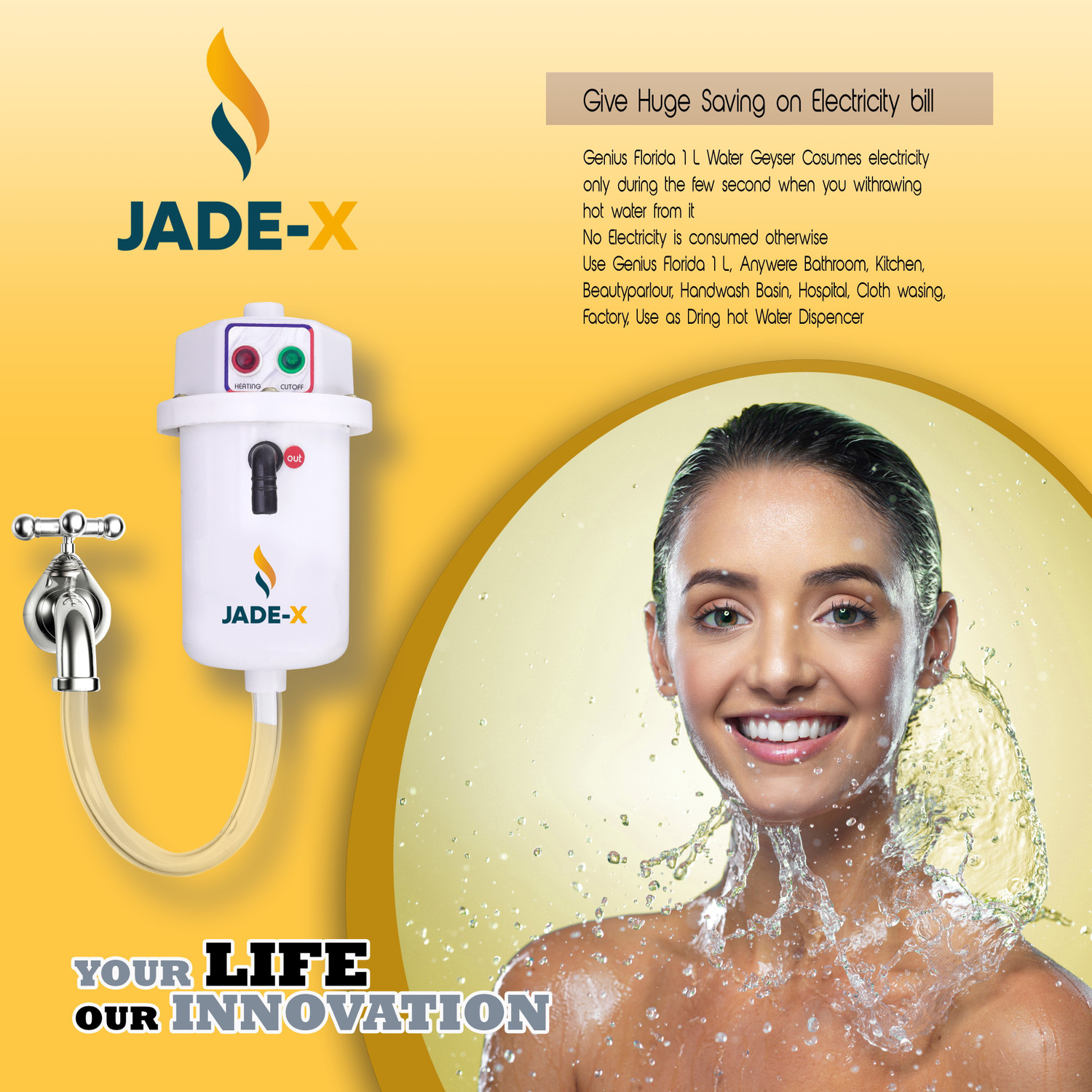 Image of jade-x 1L INSTANT WATER PORTABLE HEATER GEYSER SHOCK PROOF PLASTIC BODY 1 L Instant Water Geyser