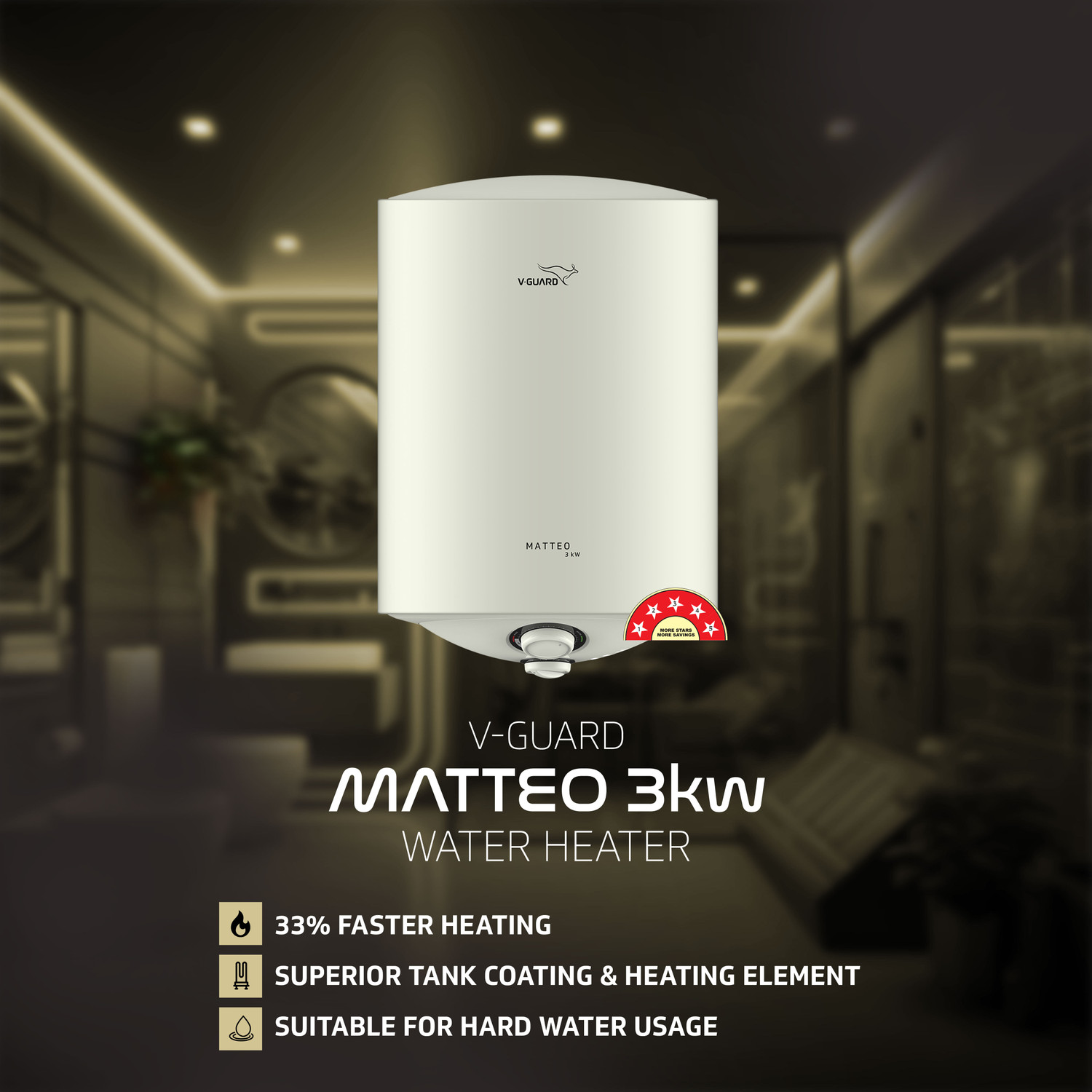 Image of V-Guard Matteo 3kW 25 L Storage Water Geyser 33% Faster Heating | BEE 5 Star Rating | Advanced 4 Layer Safety | Suitable for Hard Water