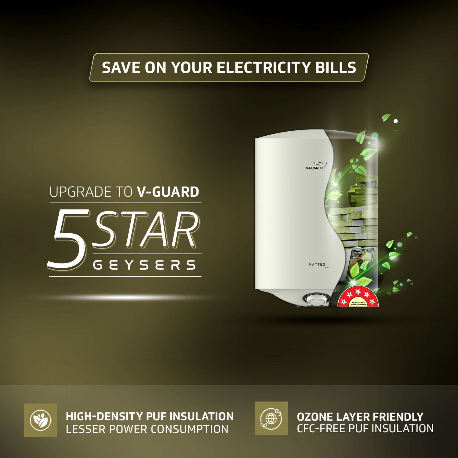 Image of V-Guard Matteo 3kW 25 L Storage Water Geyser 33% Faster Heating | BEE 5 Star Rating | Advanced 4 Layer Safety | Suitable for Hard Water