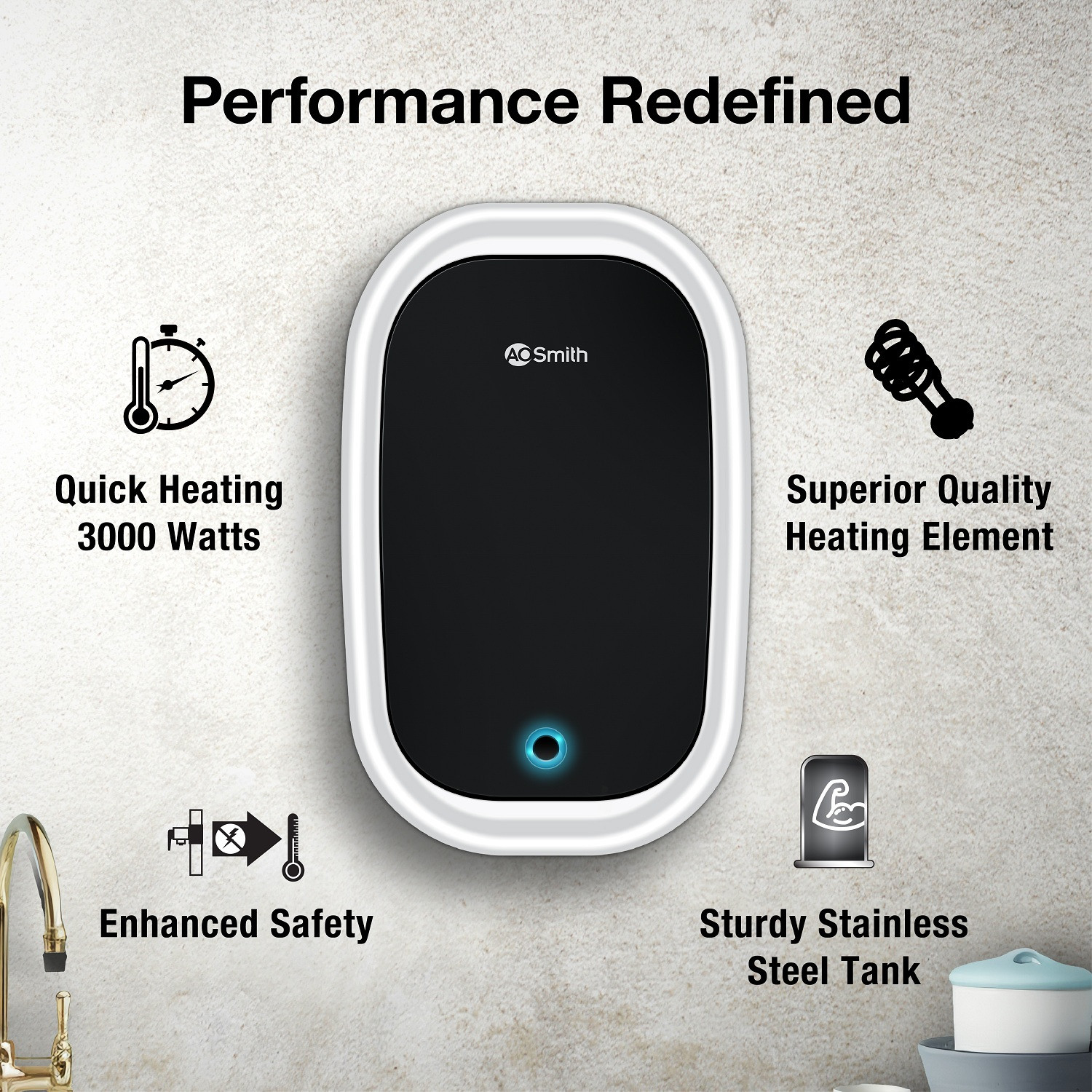 Image of AO Smith EWS-005L 5 L Instant Water Geyser | 3kW | Shock-proof outer body | Designed for high rise buildings with 6.5 bar pressure rating | Made for Kitchen and Bathroom