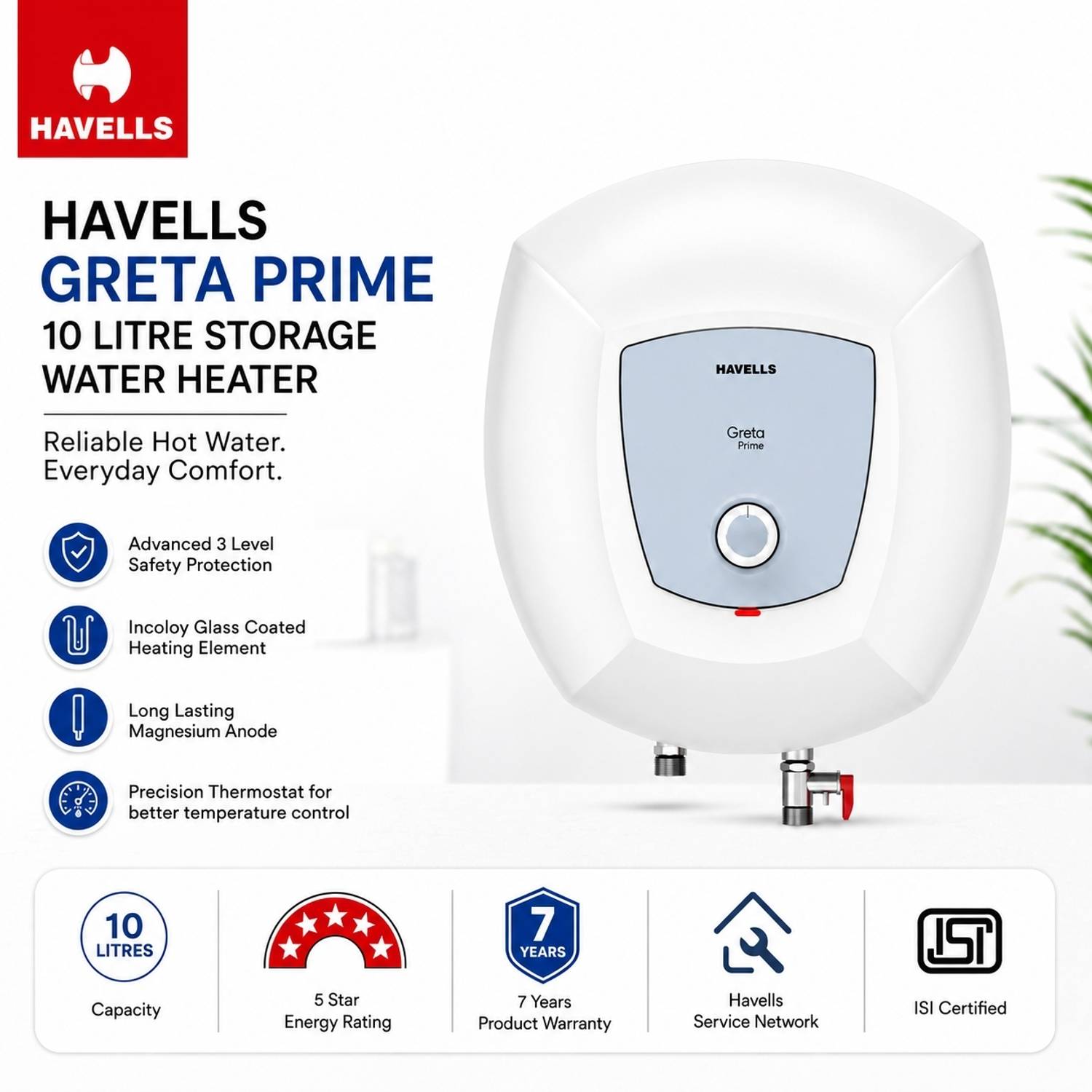 HAVELLS GRETA PRIME 10L White Storage Water Geyser - Image 3