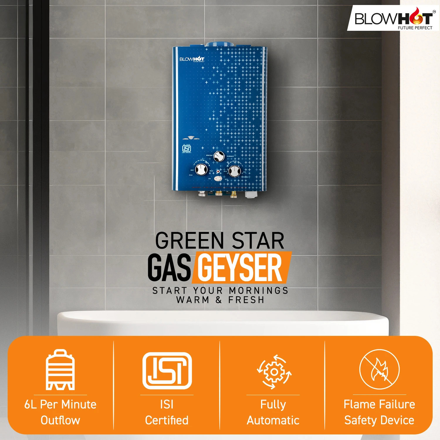 Image of BLOWHOT Automatic LPG Gas Water Heater Geyser, Instant 6 LTR Water Flow, ISI Marked 6 L Gas Water Geyser