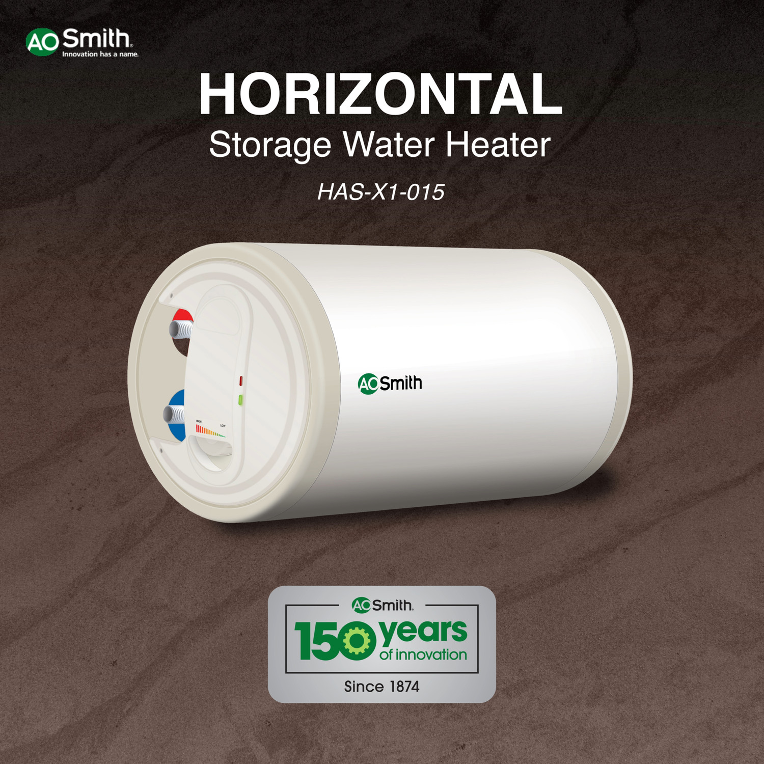 Image of AO Smith HAS-X1-015 15 L Storage Water Geyser | RHS | 2kW | Horizontal | Designed for high rise buildings with 8 bar pressure rating | Longer life in hard water conditions with Blue Diamond glass lined tank | BEE 4-star rating for high energy efficiency and power savings | Free Installation