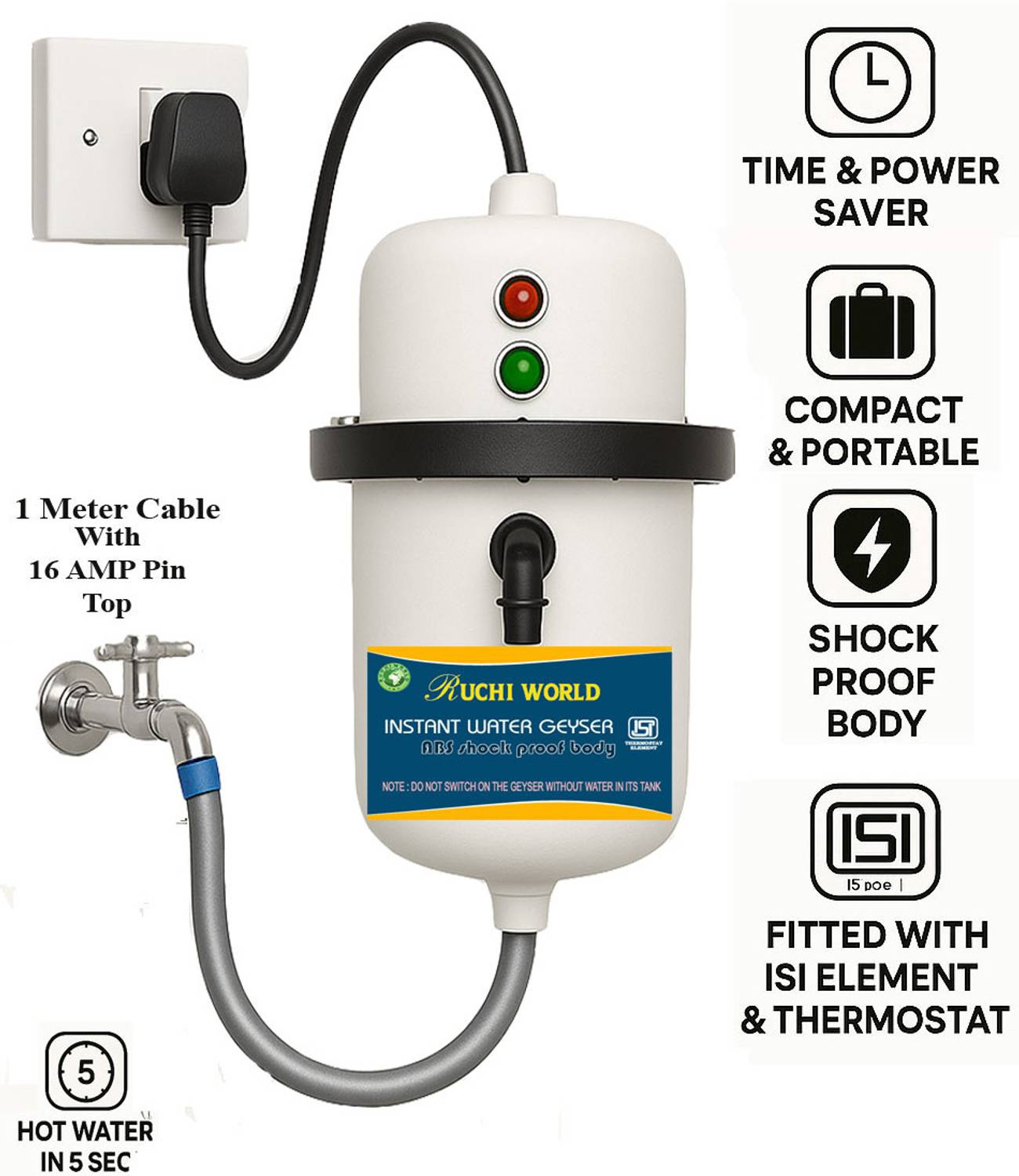 Ruchi World 1 L Instant Water Geyser (5-Second Heating, Thermosta