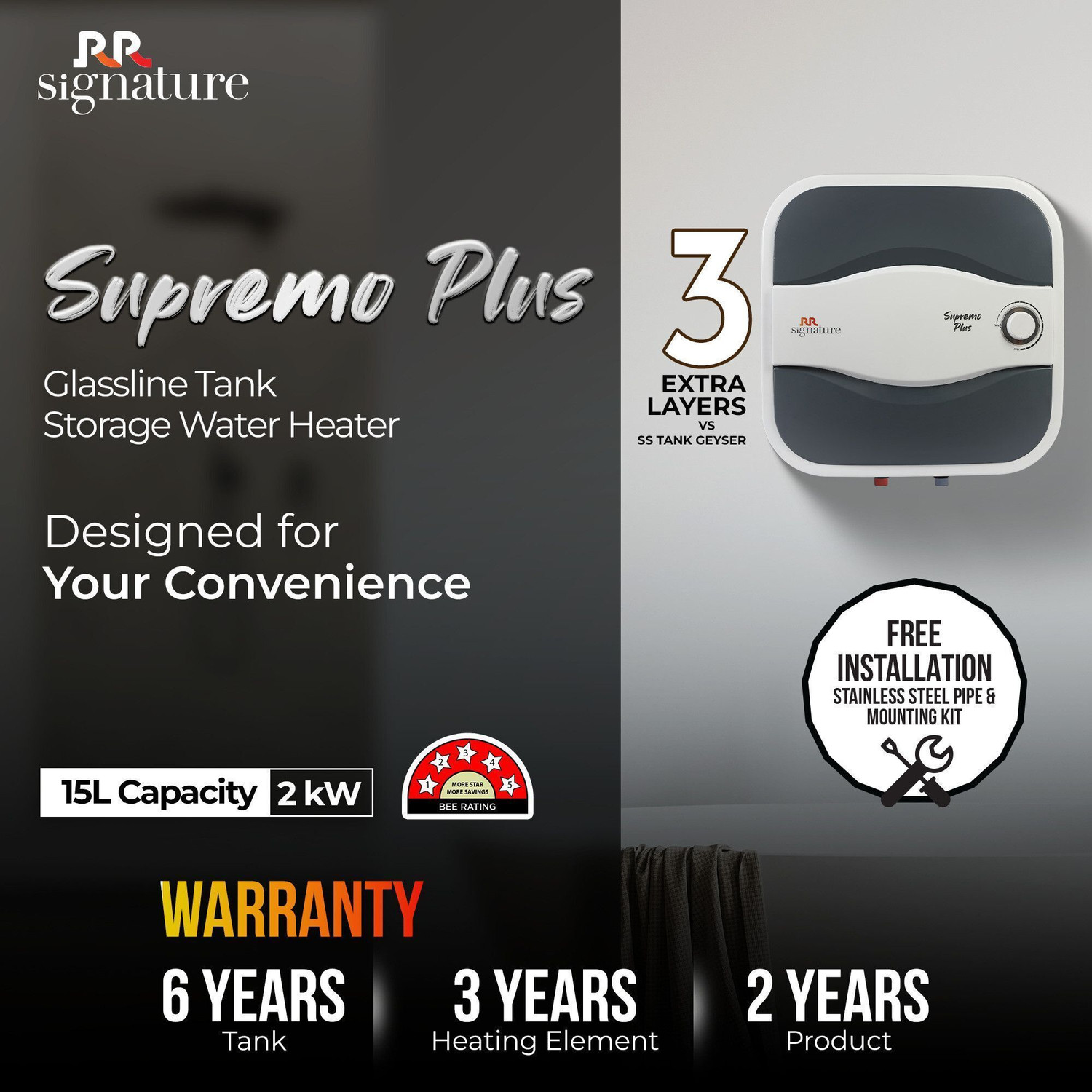 Image of RR 25 L Storage Water Geyser 5 Star BEE Energy Rating | Glassline Tanked (Signature Supremo Plus, NA) (NA)