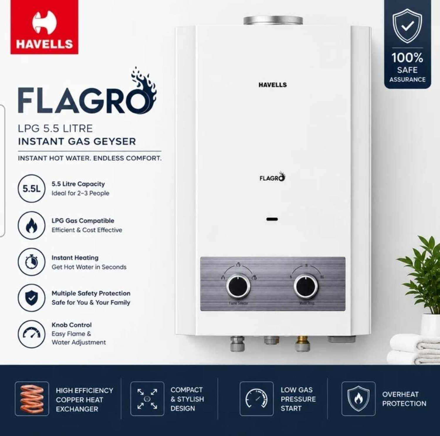 Image of HAVELLS FLAGRO 5.5L 5.5 L Gas Water Geyser