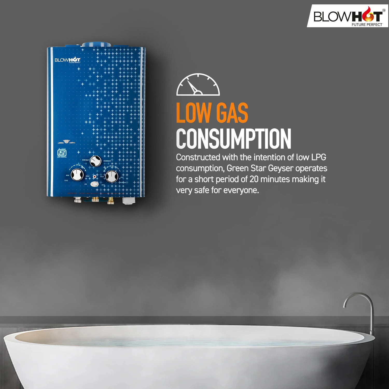Image of BLOWHOT Automatic LPG Gas Water Heater Geyser, Instant 6 LTR Water Flow, ISI Marked 6 L Gas Water Geyser