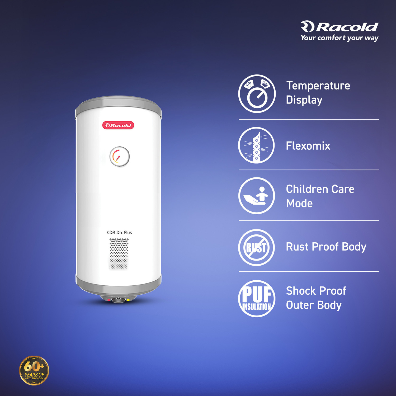 Image of Racold 35 L Storage Water Geyser BEE 5 star rating (CDR DLX PLUS 35V 2KW, White) (White)