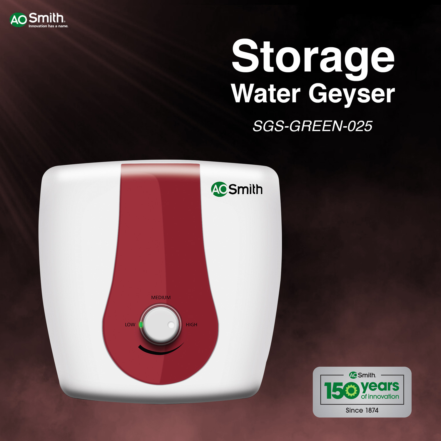 Image of AO Smith SGS-GREEN-025 25 L Storage Water Geyser | 3kW | Vertical | 33% faster heating | Designed for high rise buildings with 8 bar pressure rating | Longer life in hard water conditions with Blue Diamond glass lined tank | BEE 5-star rating for superior energy efficiency and power savings | Free Installation