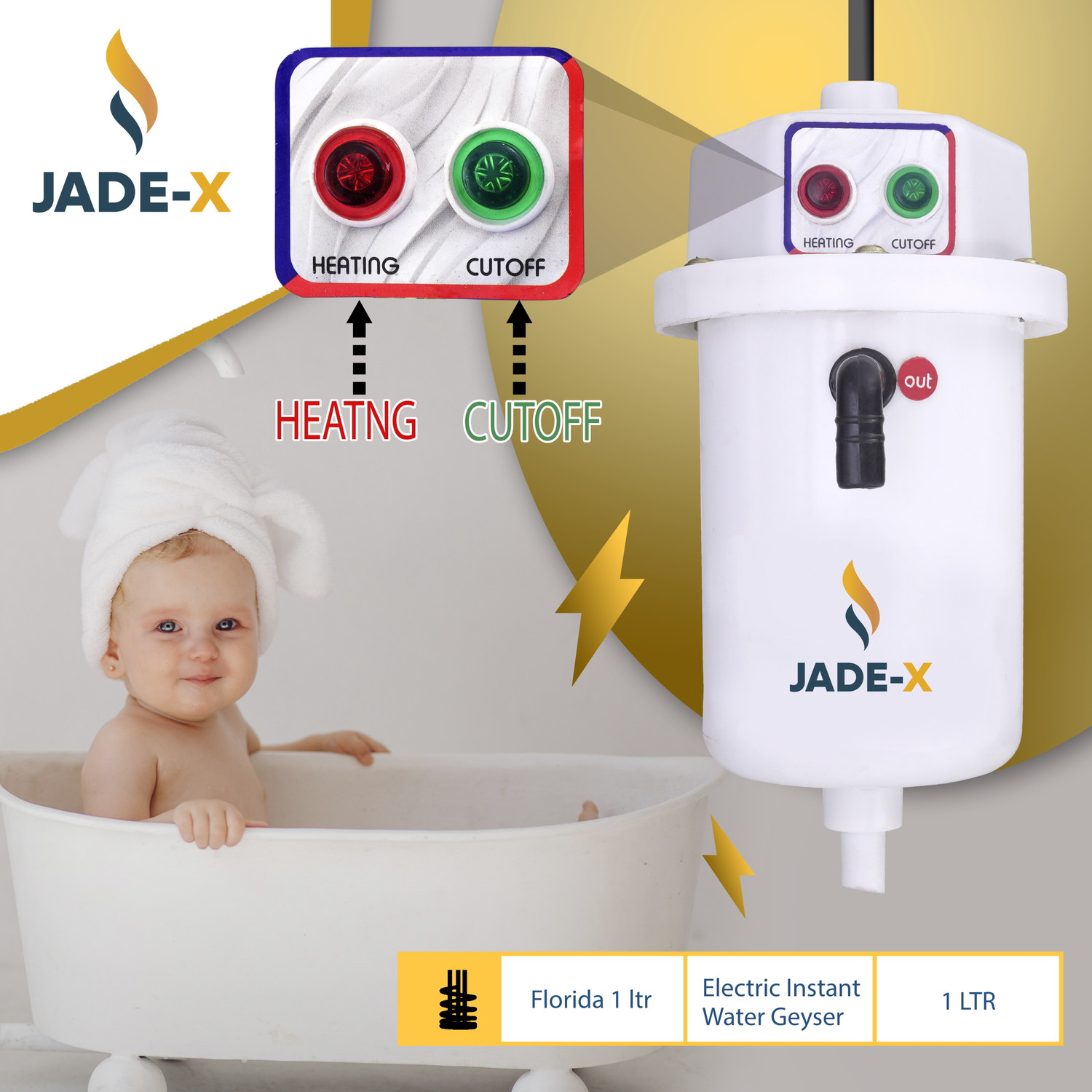 Image of jade-x 1L INSTANT WATER PORTABLE HEATER GEYSER SHOCK PROOF PLASTIC BODY 1 L Instant Water Geyser