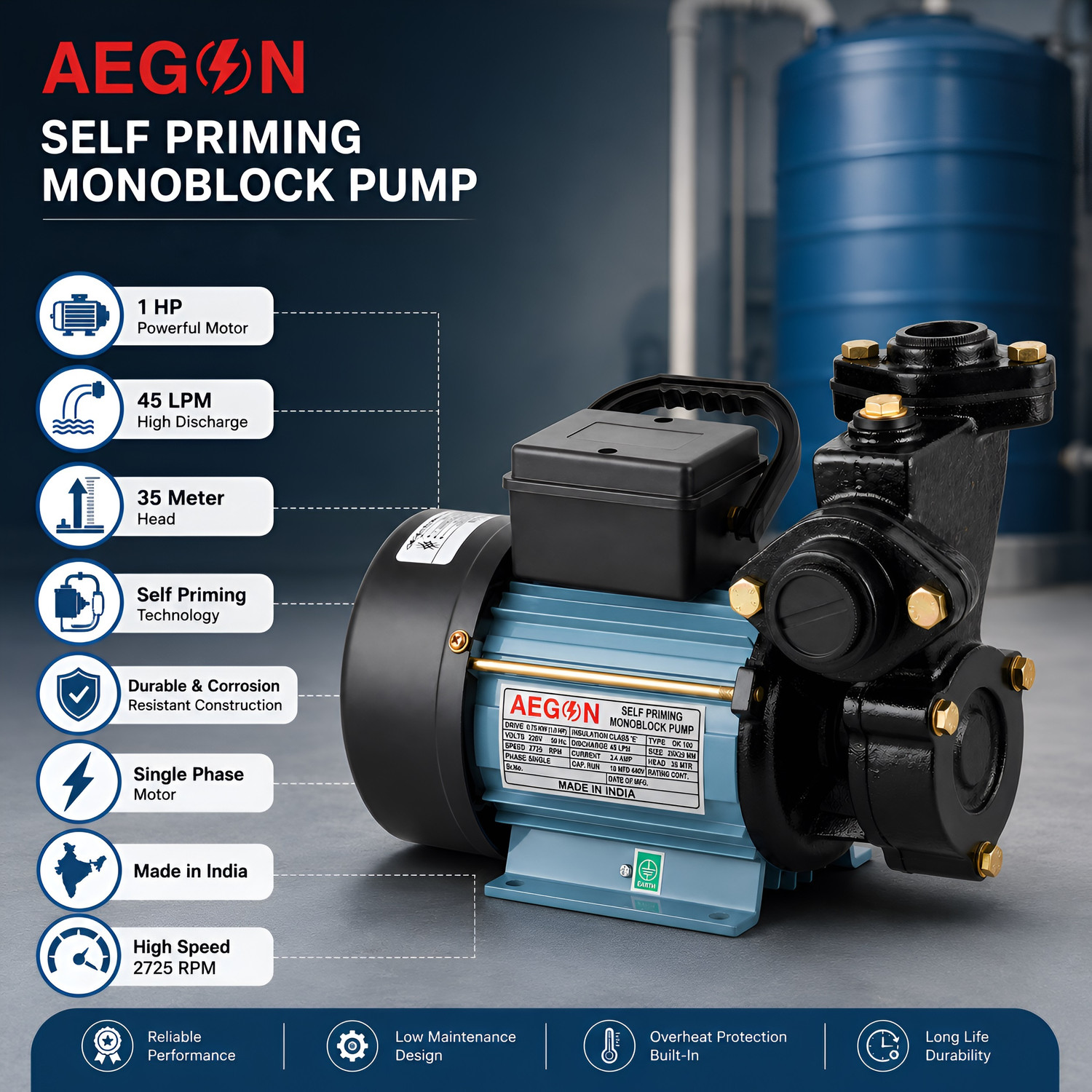 Image of AEGON 1HP Self Priming Monoblock Water Pump, 220V, 45 LPM, 35m Head, 6 Month Warranty Centrifugal Water Pump