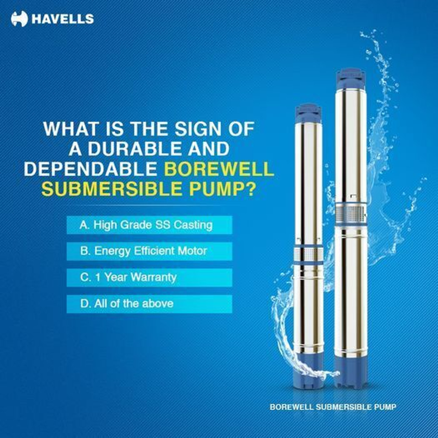 Image of HAVELLS 1Hp 10 Stage V4 Borewell Water Filled Submersible Pump C4W10B10 Submersible Water Pump