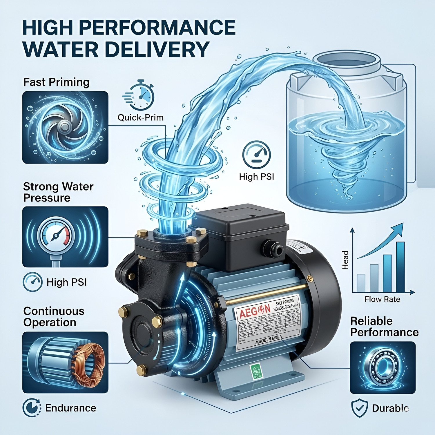 Image of AEGON 1HP Self Priming Monoblock Water Pump, 220V, 45 LPM, 35m Head, 6 Month Warranty Centrifugal Water Pump