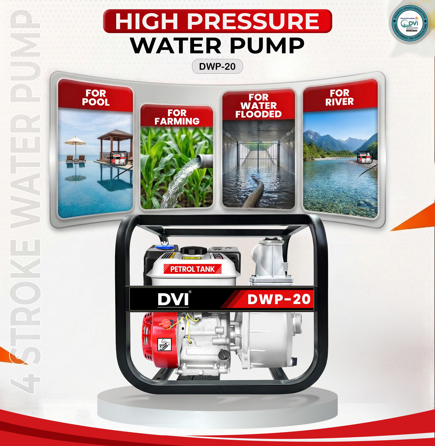 Image of DVI 2 Inch Petrol Water Pump 6.5 HP 4-Stroke Engine for Agriculture, Drainage, Farms Centrifugal Water Pump