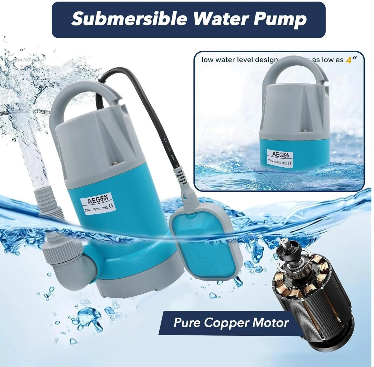 Image of AEGON ASP750 1hp, 13000 L /H, 750W Single Phase Sewage IPX8, Max Height 8m, Depth 7m Submersible Water Pump
