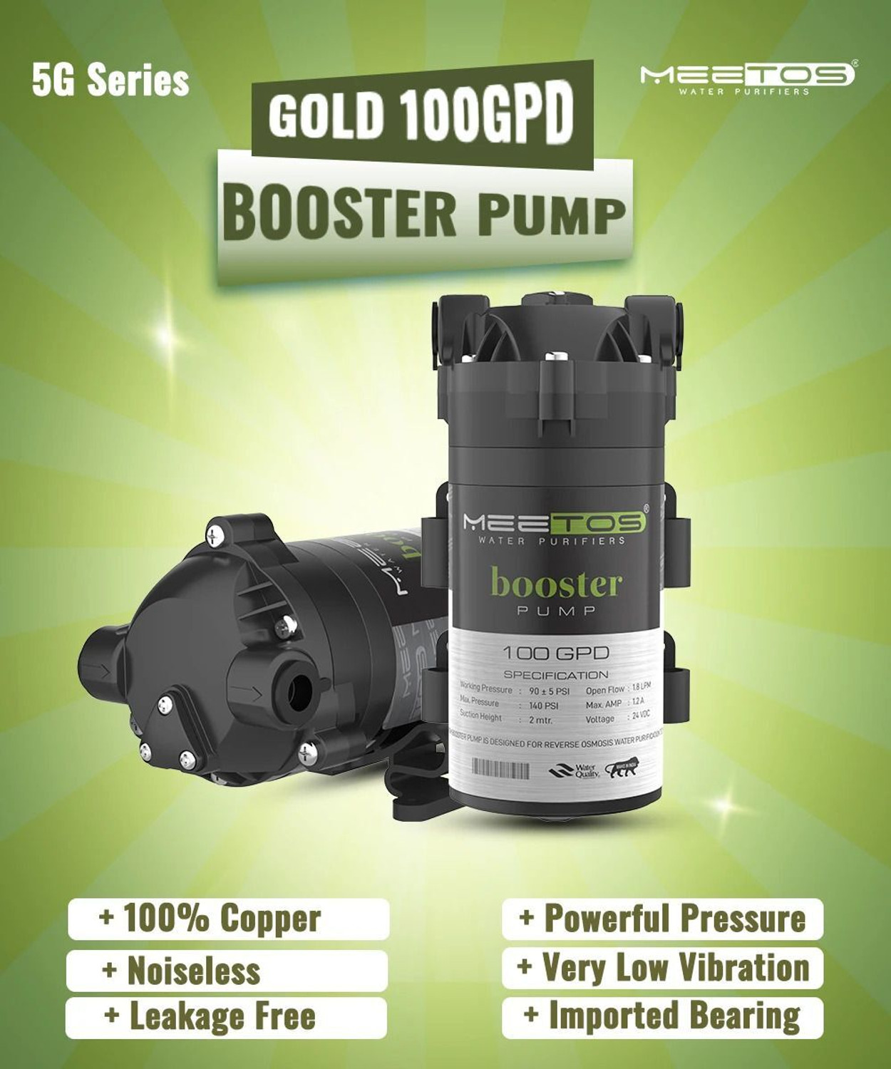 Image of MEETOS GOLD Ro Booster Pump 100GPD,Noiseless,Copper Wilding, Diaphragm Water Pump