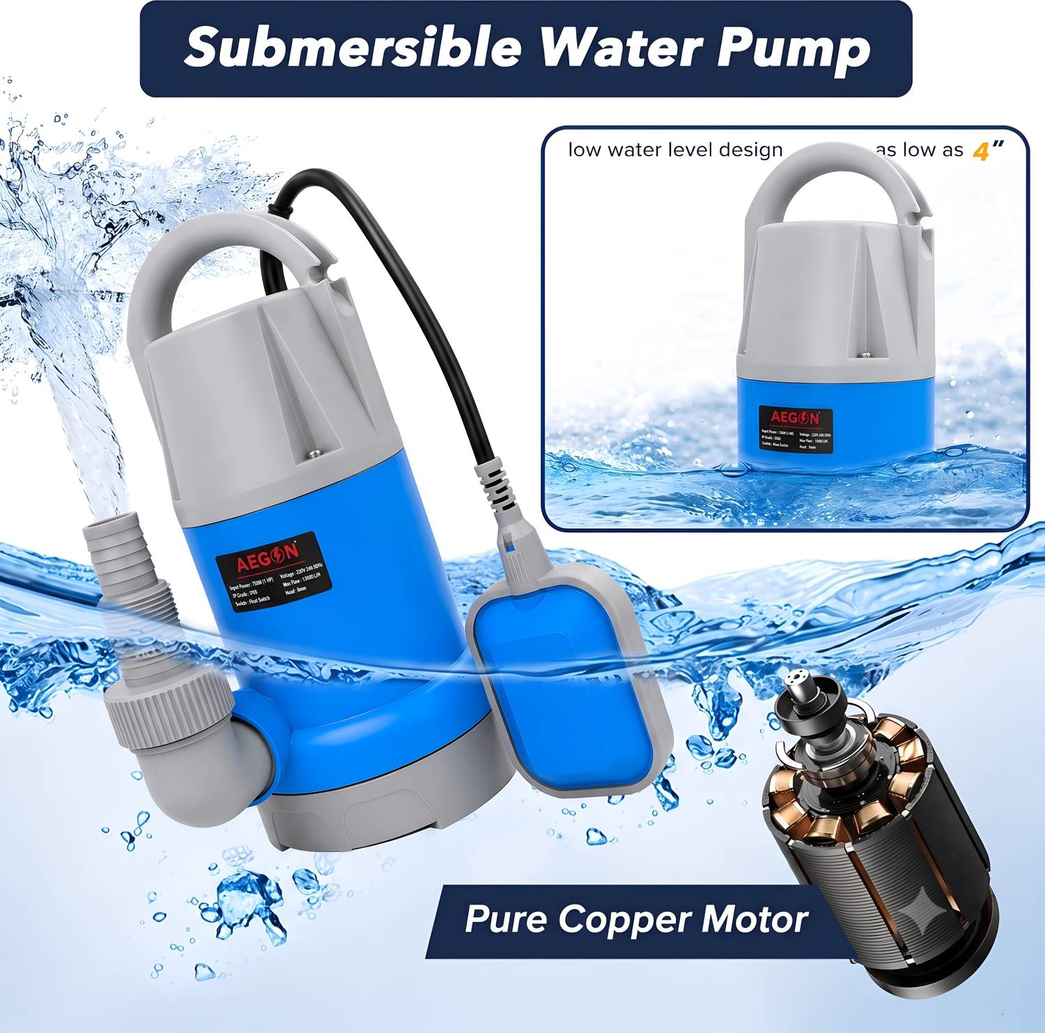 AEGON ASP750 1hp, 13000 L/H, 750W Single Phase Sewage IPX8, Max