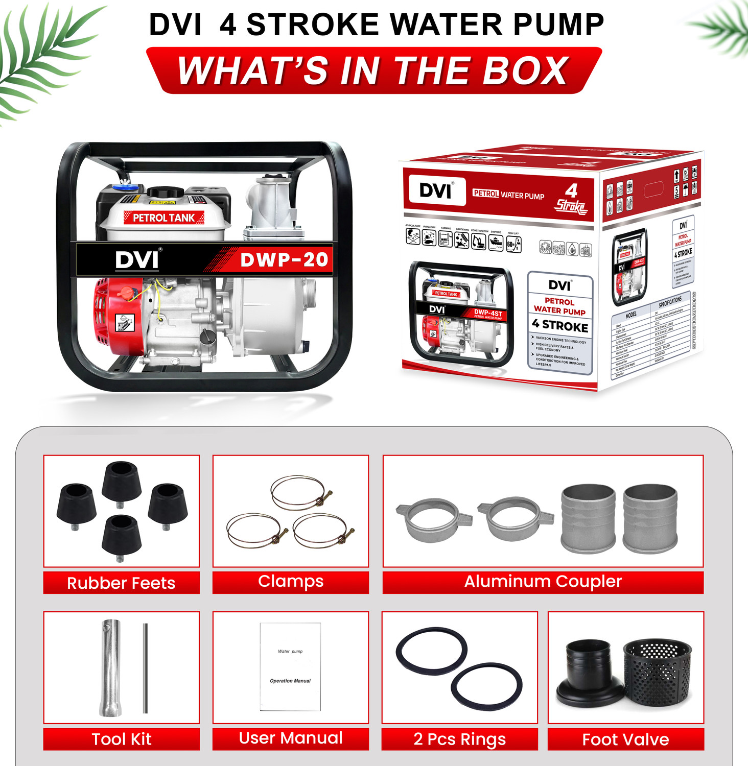 Image of DVI 2 Inch Petrol Water Pump 6.5 HP 4-Stroke Engine for Agriculture, Drainage, Farms Centrifugal Water Pump