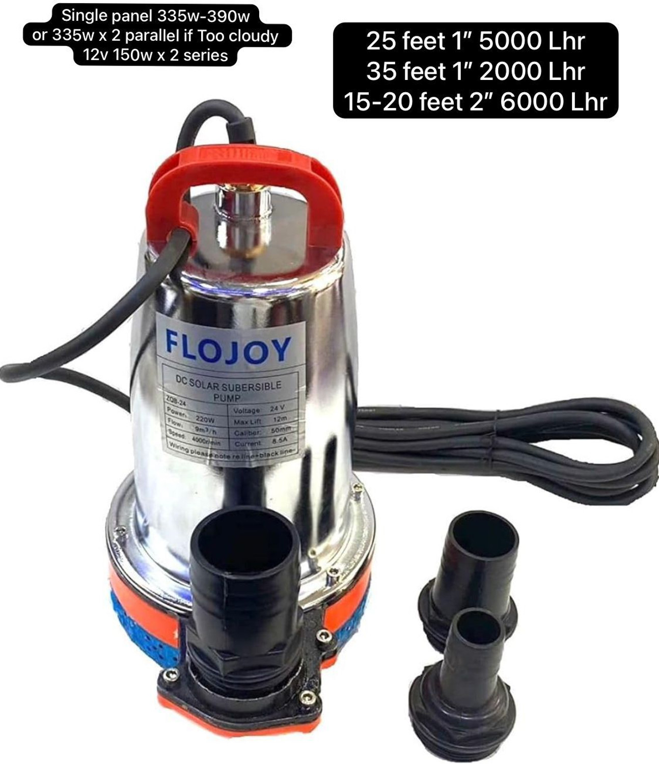 Image of FLOJOY 220W DC 24V Solar / Battery Submerisble Water Pump 5000-7000Lhr Head 35Ft Submersible Water Pump