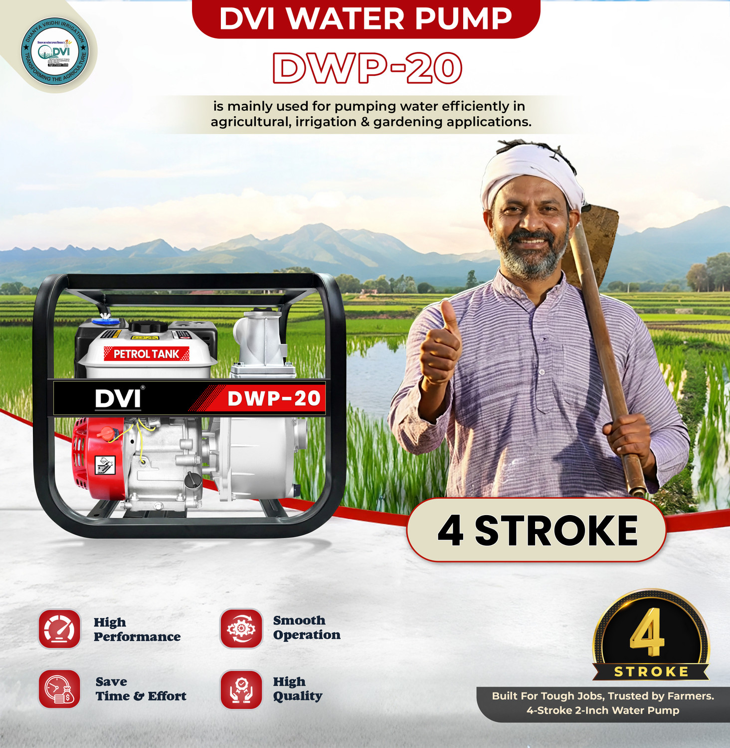 Image of DVI 2 Inch Petrol Water Pump 6.5 HP 4-Stroke Engine for Agriculture, Drainage, Farms Centrifugal Water Pump