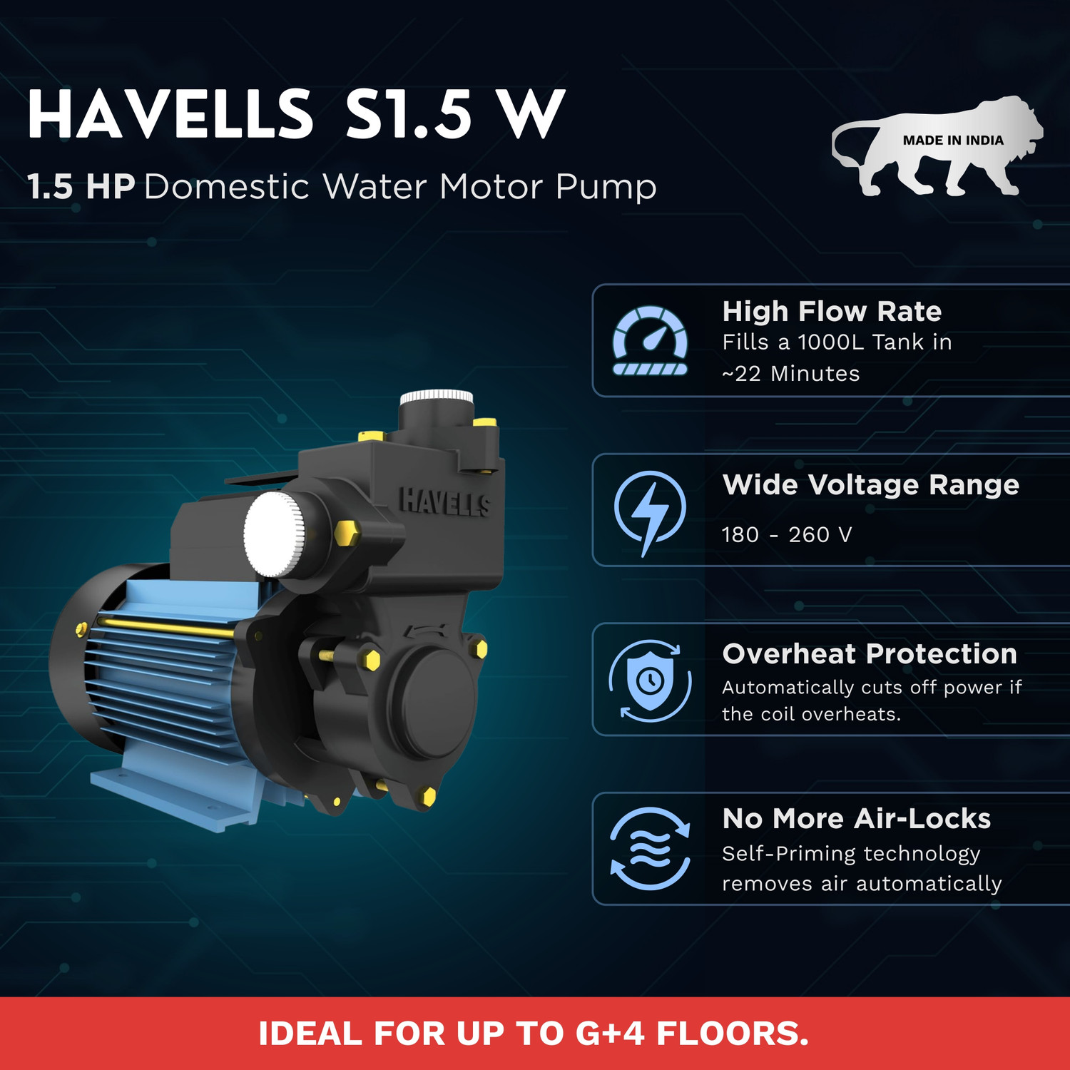 Image of HAVELLS S1.5W-1.5HP 1PH MINI MONOBLOCK PUMP CENTRIFUGAL 1.5HP Centrifugal Water Pump