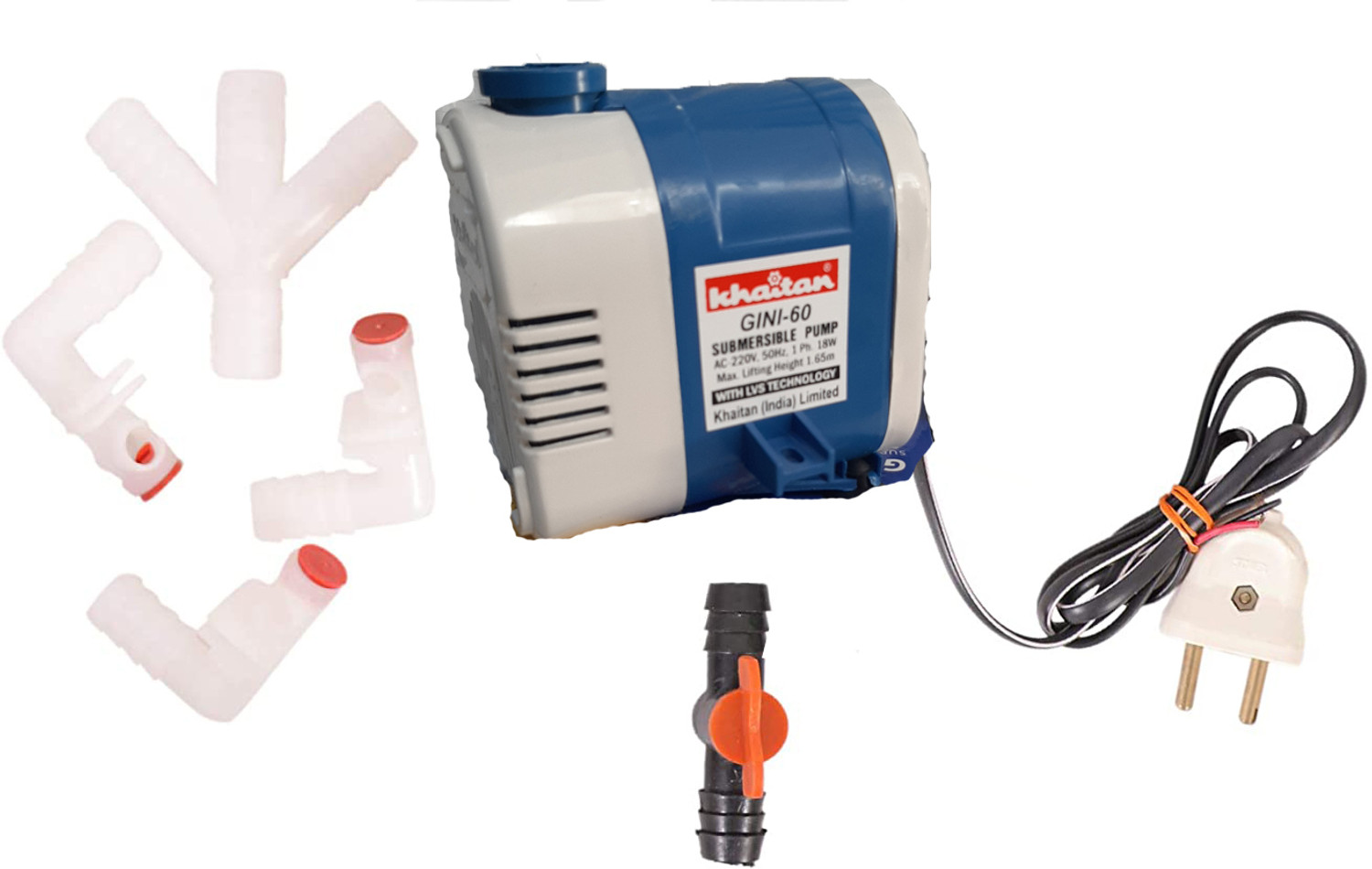 Image of Khaitan Aqua-60 Submersible Pump 18 Watt with a Water Flow Control Valve & 3-Way Water Distributor Suitable for Air Cooler, Fountain, Aquarium & Decoration Submersible Water Pump