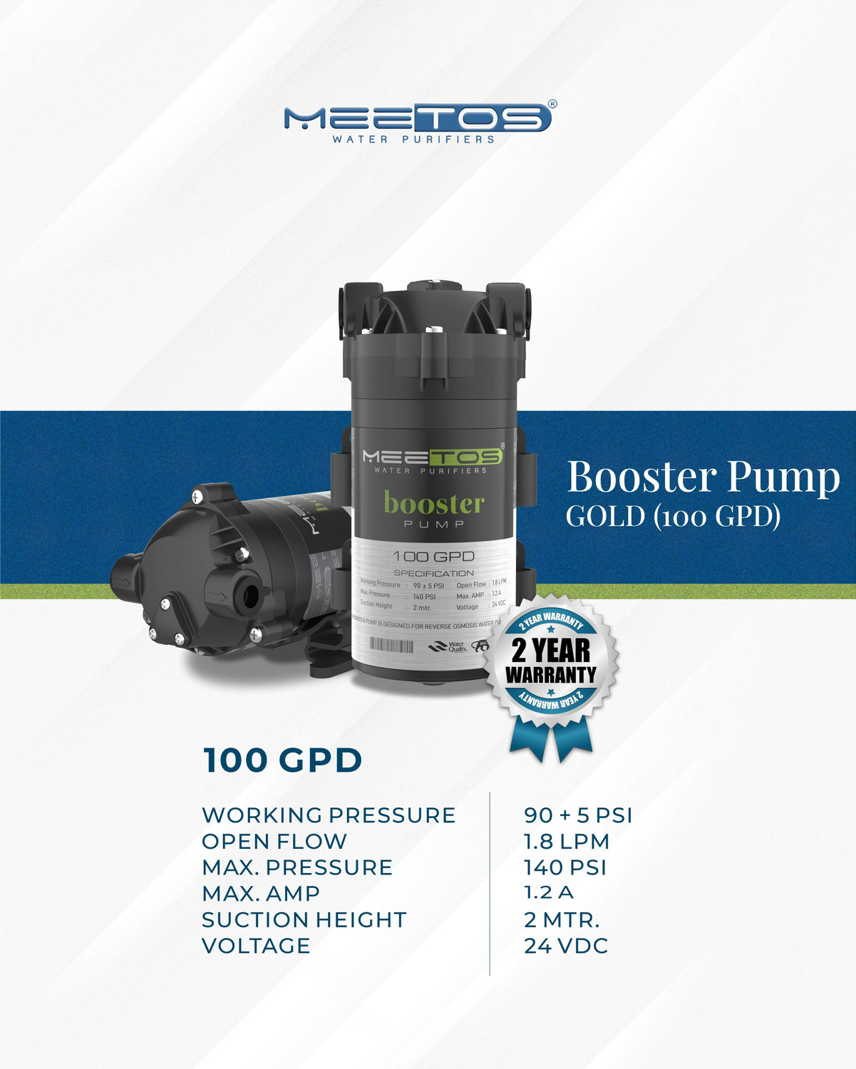 Image of MEETOS GOLD Ro Booster Pump 100GPD,Noiseless,Copper Wilding, Diaphragm Water Pump
