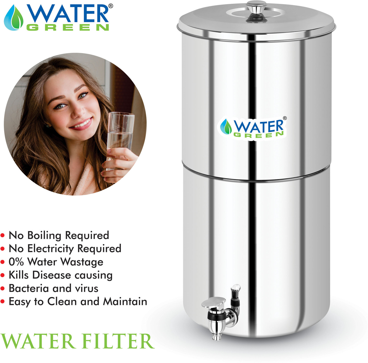 Image of WATER GREEN Stainless Steel 18 L Gravity Based Water Purifier