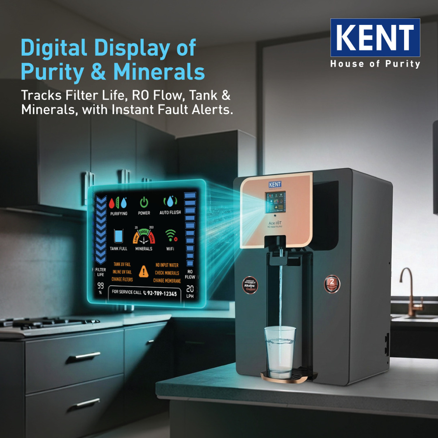 Image of KENT ACE Iot Zero Service Cost For 2 Years 8 L RO + UV + UF + Copper + Alkaline + TDS Control Water Purifier IoT Enabled 8L 20LP /Hr Ideal For Borewell /Tanker /Municipal Water