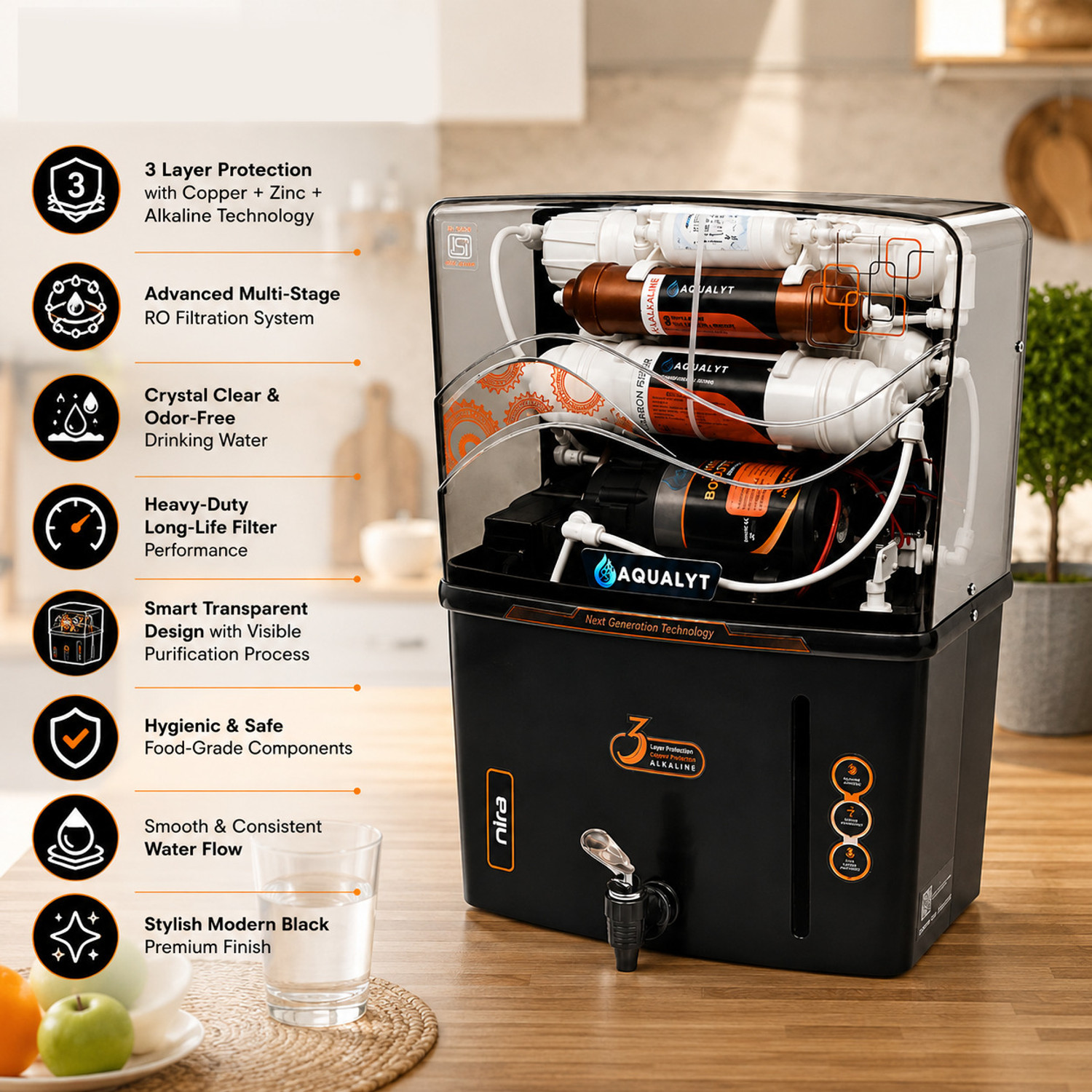 Image of AQUALYT Nira RO+UV+UF+TDS+Copper Alkaline Purifier for Tap, Municipal & Borewell Water 15 L RO + UV + UF + Copper + Alkaline + TDS Control Water Purifier (Black)