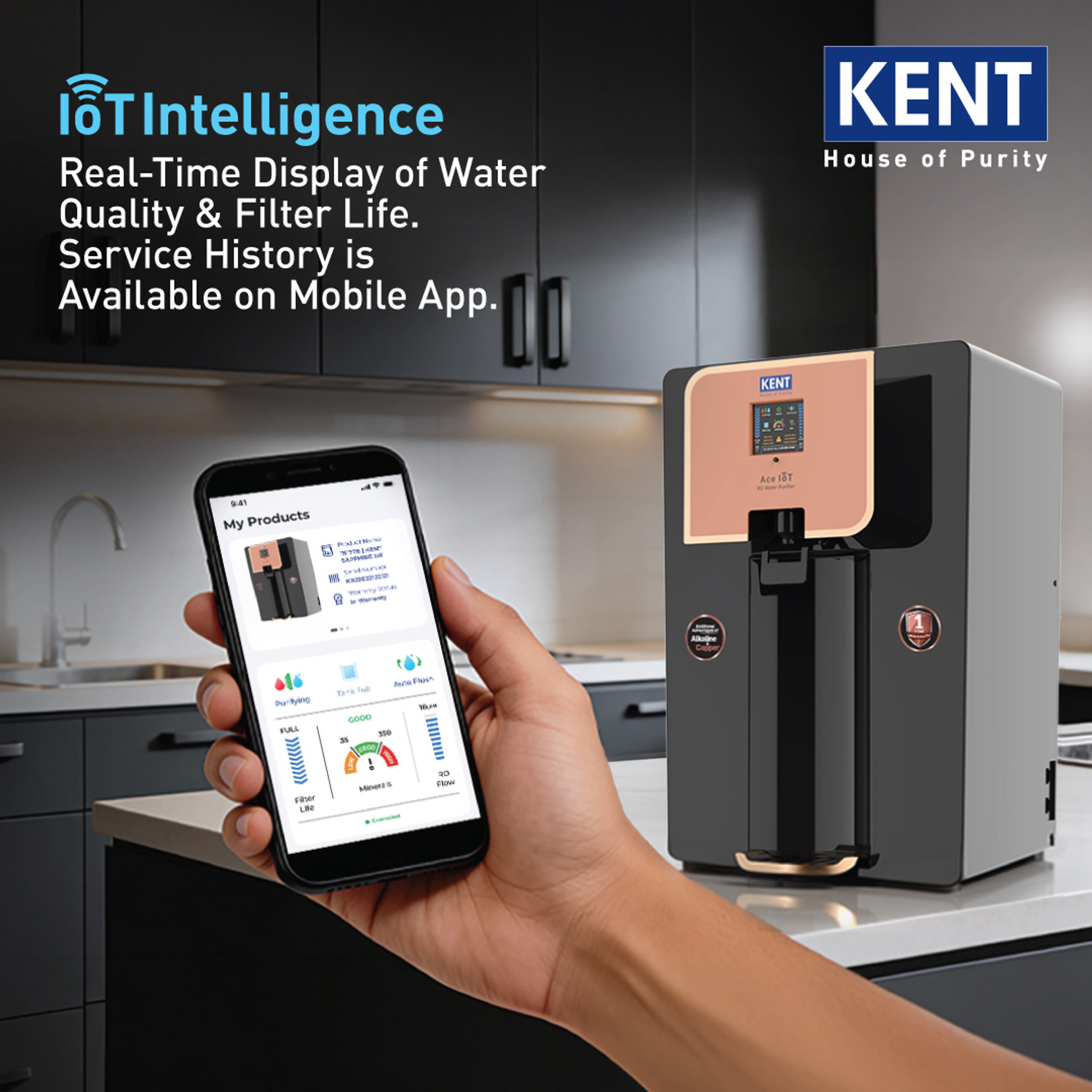 Image of KENT ACE IoT 8 L RO + UV + UF + Copper + Alkaline + TDS Control Water Purifier IoT Enabled Digital Display Alkaline Water with pH 8-9.5 8L 20LP /Hr Ideal For Borewell /Tanker /Municipal Water