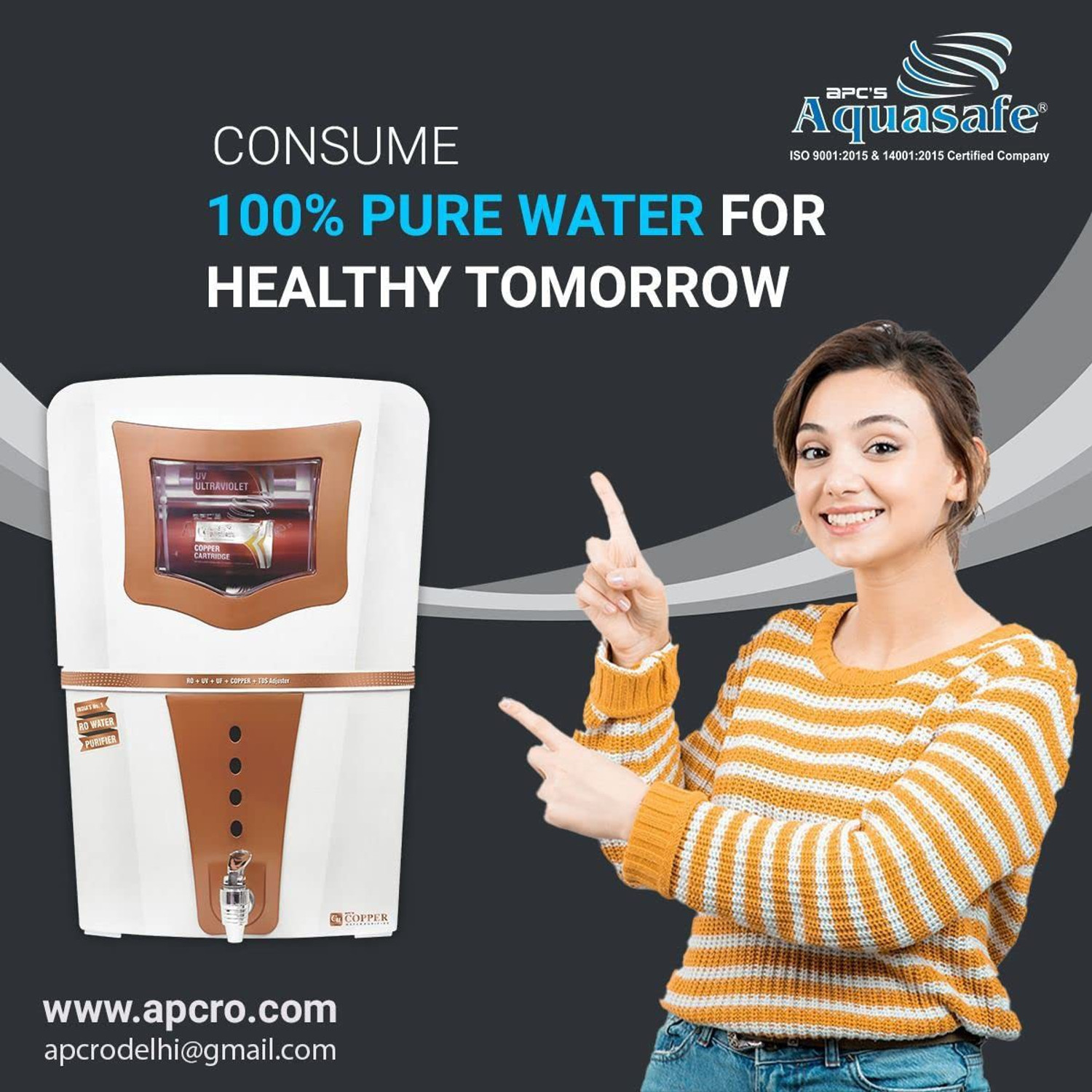 Image of apc's Aquasafe Copper RO+UV Water Purifier Patented Mineral RO Technology 20Lph 15 L RO + In-Tank UV + UF + TDS Control Water Purifier