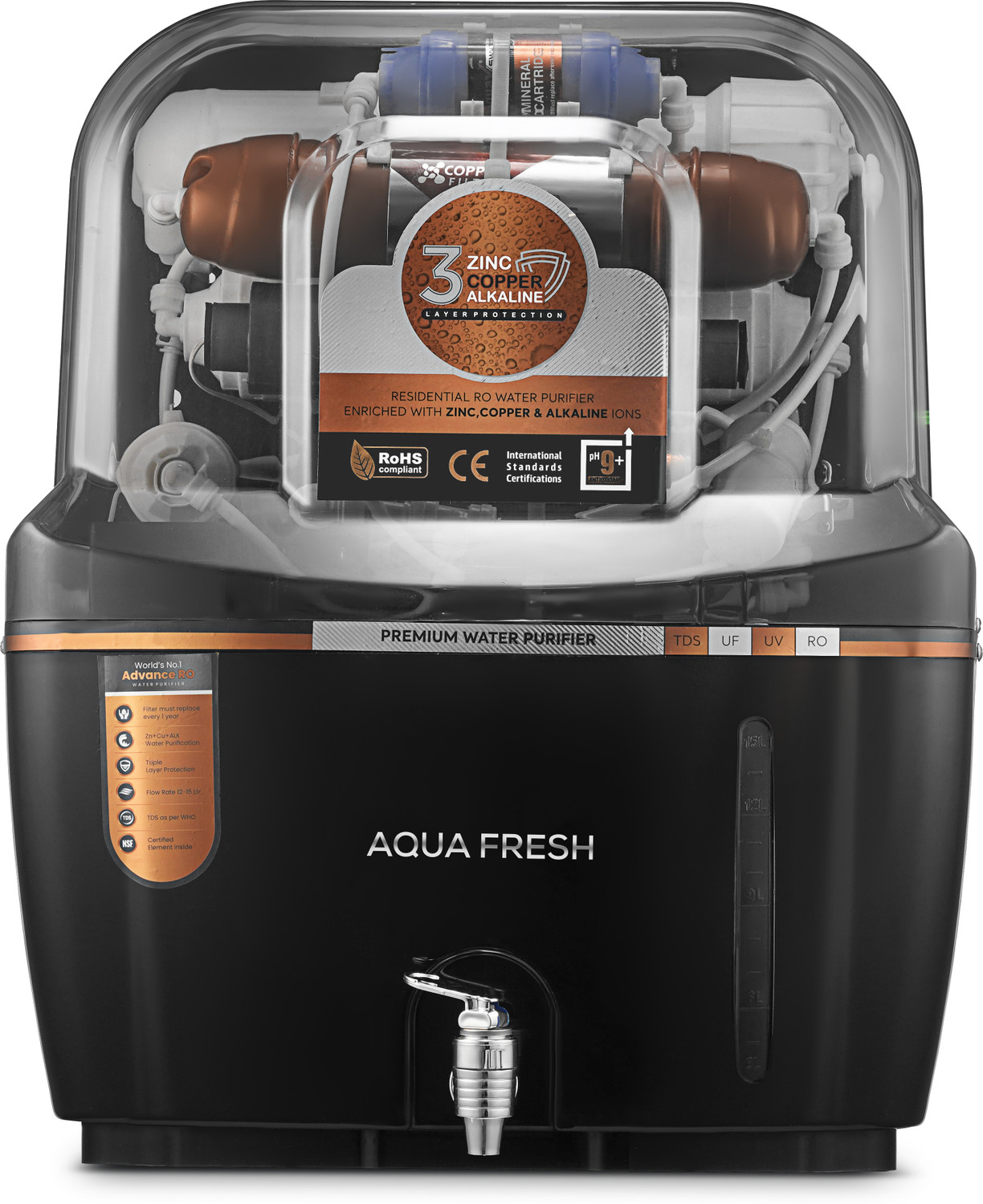 Image of Aqua Fresh AUA MINI BLACK SWIFT 10 L RO + UV + UF + Copper + TDS Control Water Purifier with Prefilter