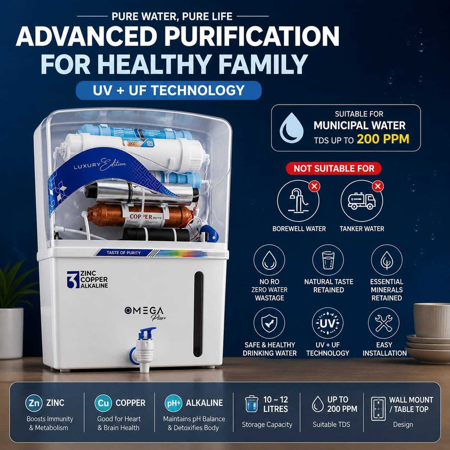 Image of Aqua Glare Omega UV Purifier With 12 L UV + UF + Copper Water Purifier
