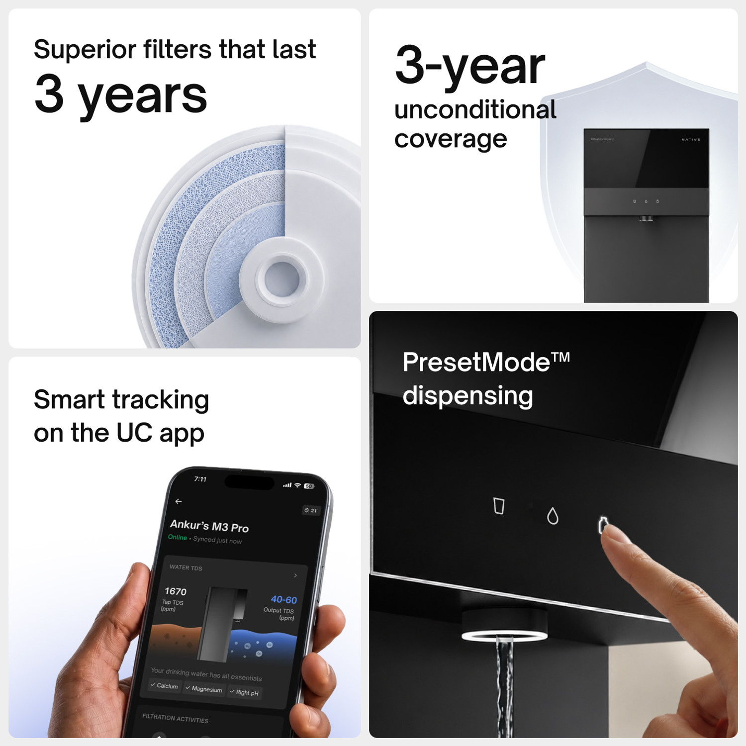 Image of NATIVE By Urban Company M3 6 L RO + UV + Alkaline + Minerals Water Purifier No Service Preset Touch Dispensing + Battery Real-time Tracking