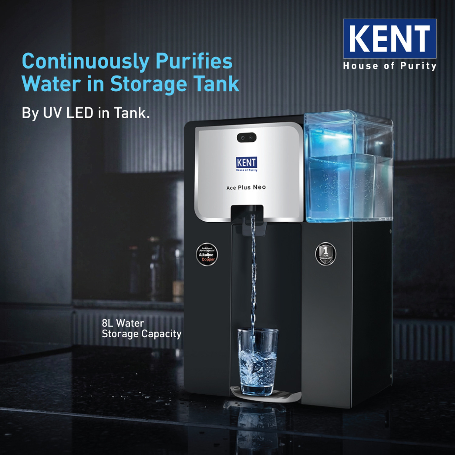 Image of KENT ACE Plus Neo 8 L RO + UV + UF + Copper + Alkaline + TDS Control Water Purifier Alkaline Water with goodness of Copper 8L 20L /Hr Ideal For Borewell /Tanker /Municipal Water