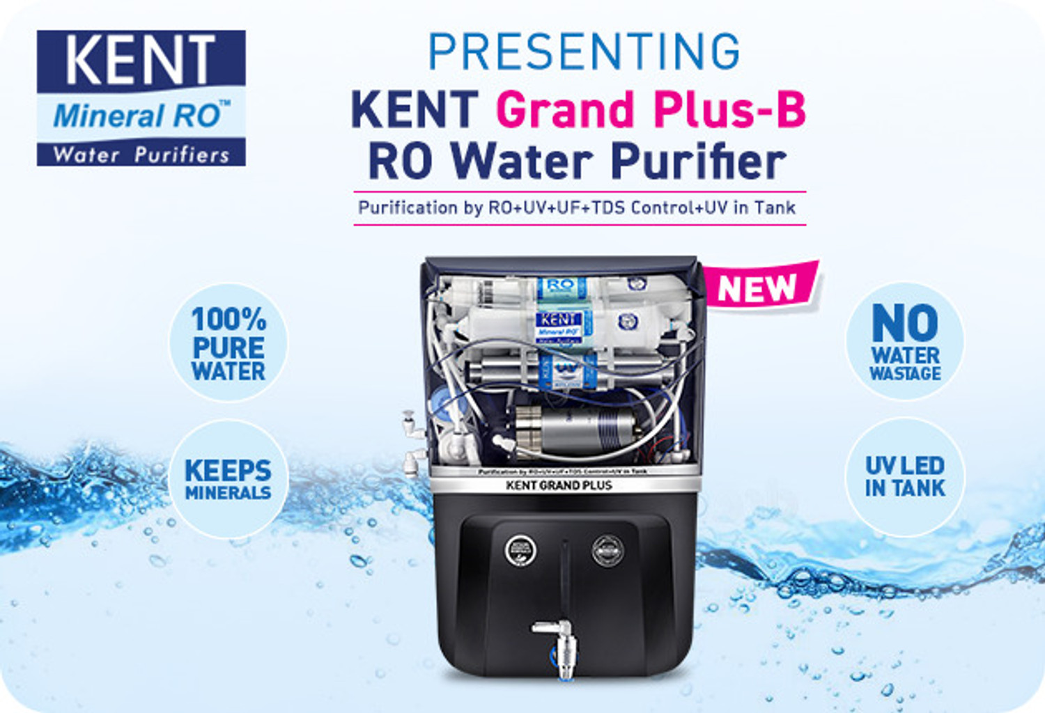 Image of KENT Grand Plus-Black RO Water Purifier 111099B 20 L RO + In-Tank UV + UF + TDS Control Water Purifier