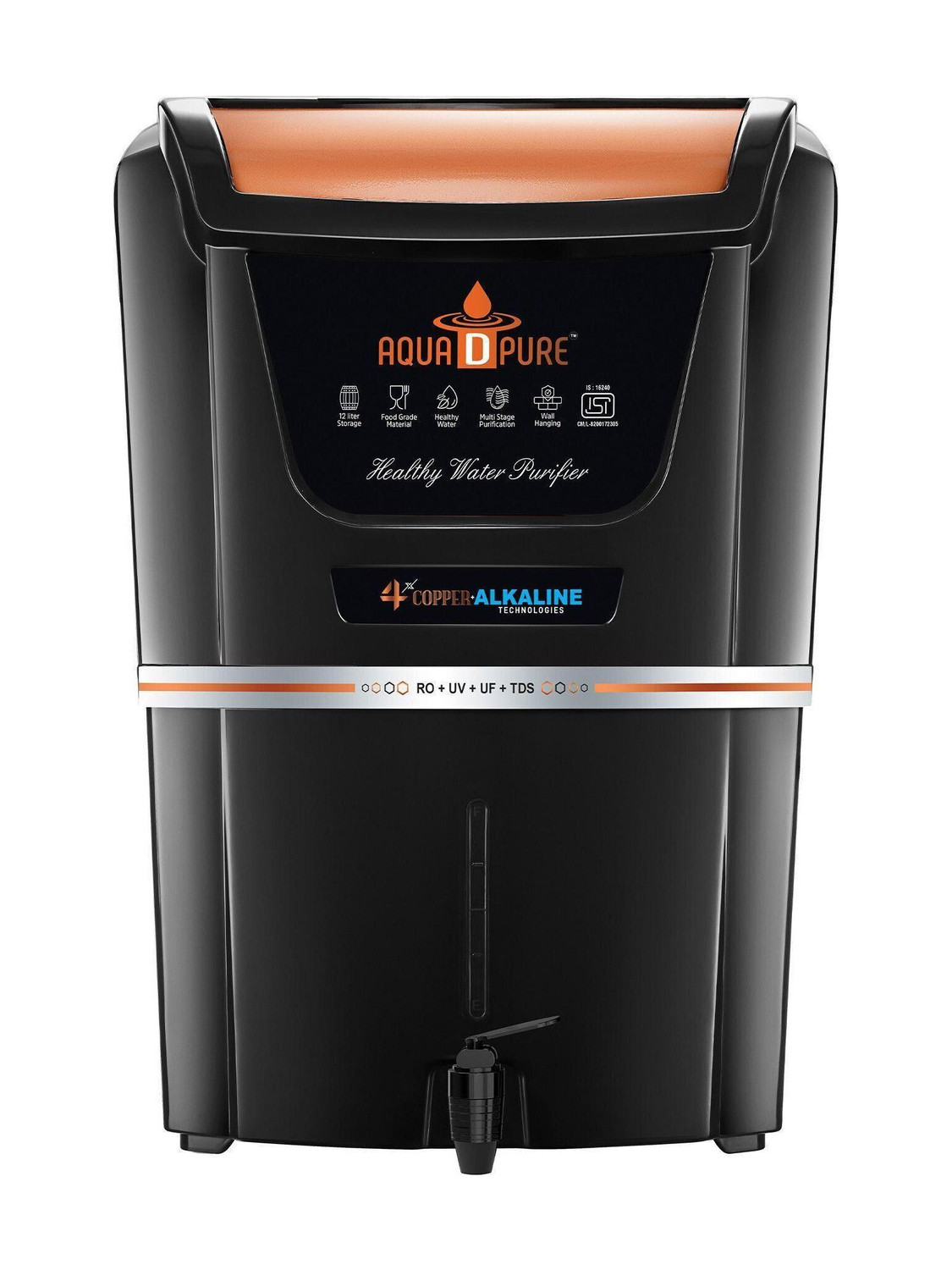 Image of AquaDpure 4x Copper Alkaline RO Water Purifier Multi-Stage Purification with 12 L RO + UV + UF + Copper + Alkaline + TDS Control Water Purifier (Black)