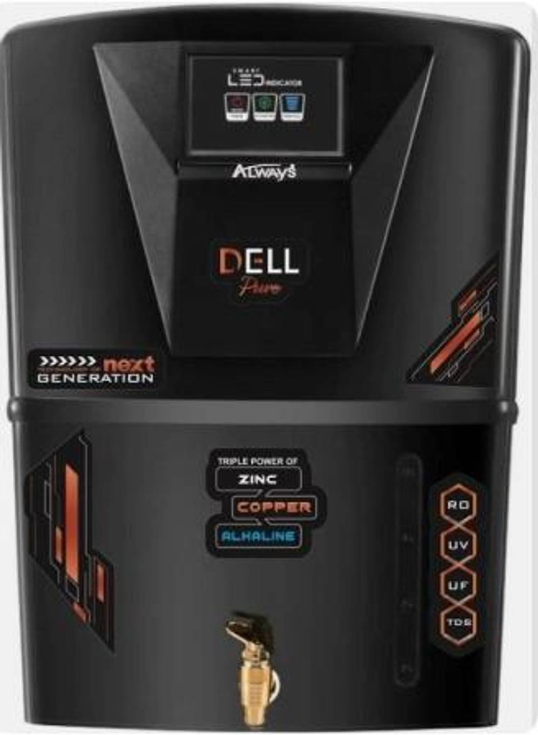 Always Dellpure Zinc Copper 9 Stage Purification Water purifier With LED INDICATOR 12 L RO + UV + UF + Copper + Alkaline + TDS Control Water Purifier