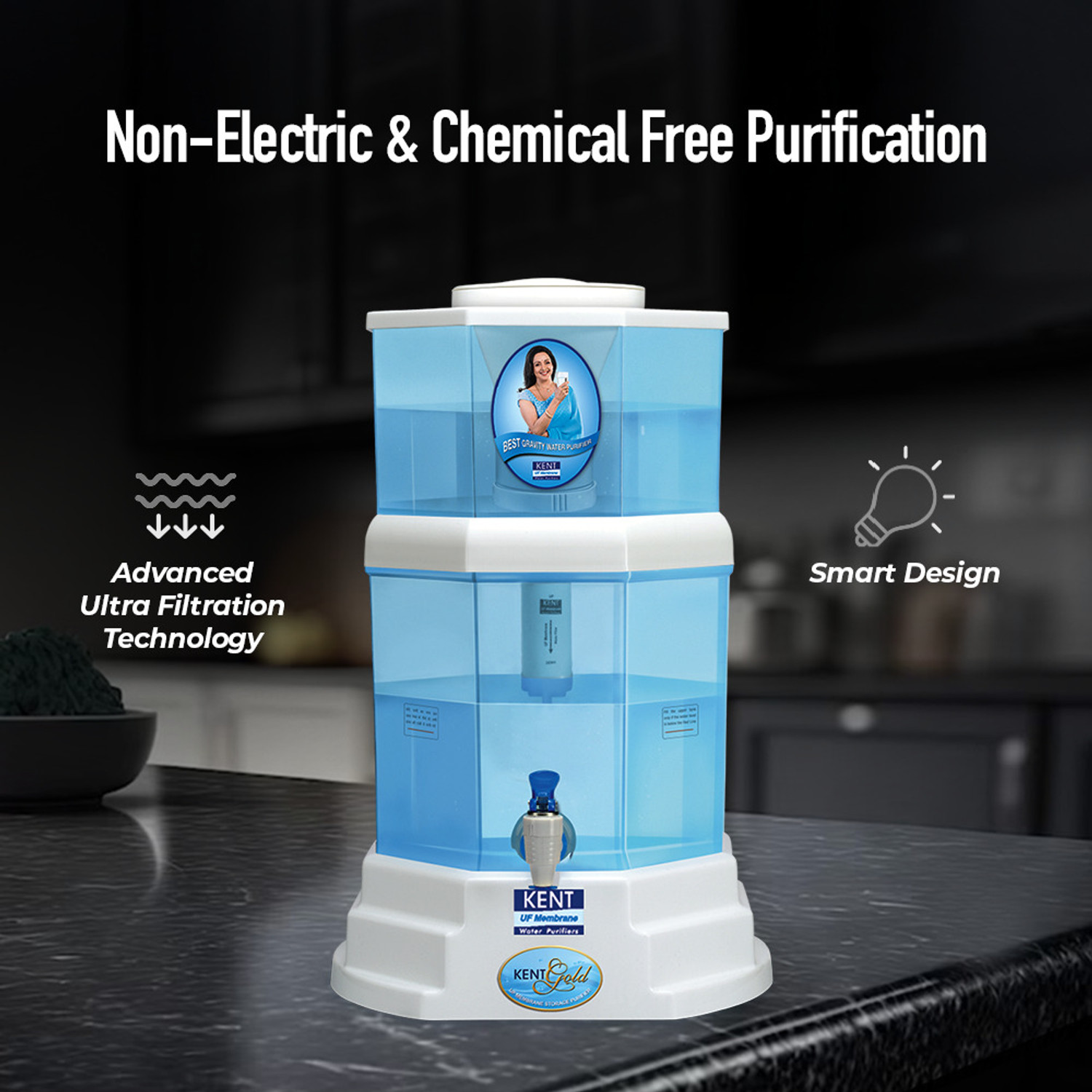 Image of KENT Gold 20 L Gravity Based + UF Water Purifier Water Purifier | UF Technology Based | Non-Electric & Chemical Free | Counter Top | 20L Storage |