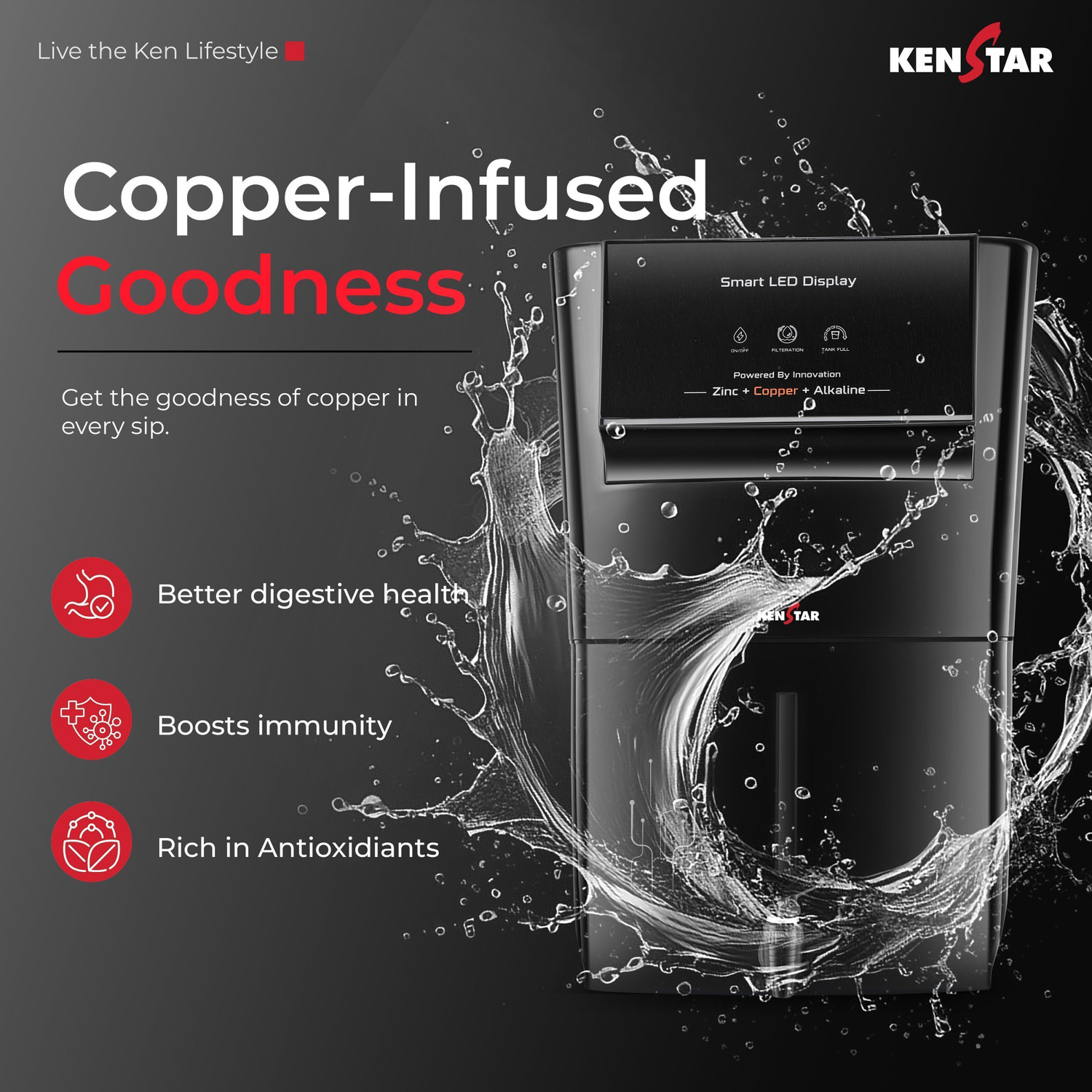 Image of Kenstar Black Pureza. 8 L RO + UV + UF + Copper + Alkaline + Minerals Water Purifier Needs no service for 2 years