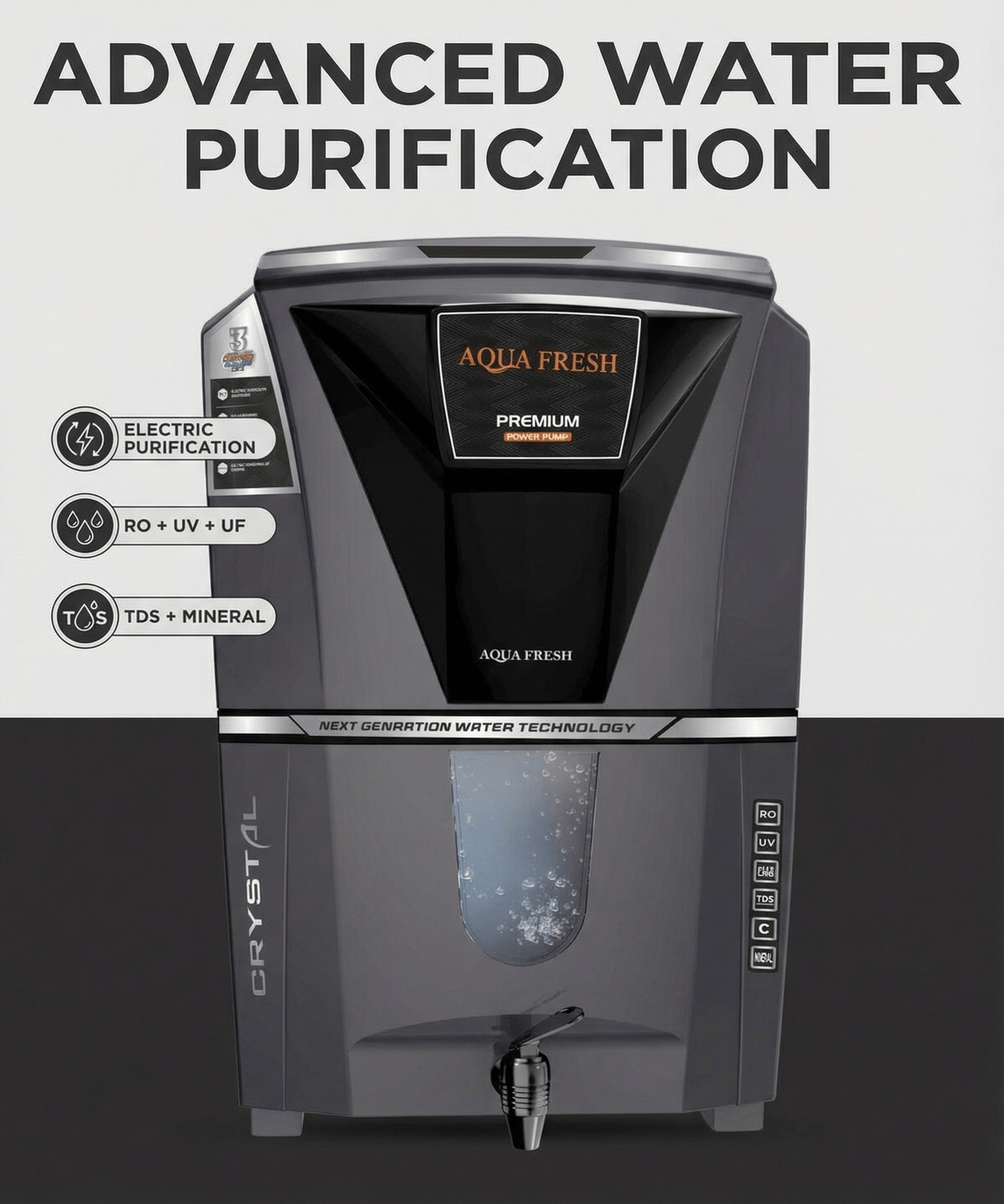 Image of Aqua Fresh CRYSTAL GREY COPPER+RO+UV+UF+MINTDS AUTOMATIC ELECTRIC BORWELL RO WATER PURIFIER 12 L RO + UV + UF + Minerals + TDS Control Water Purifier