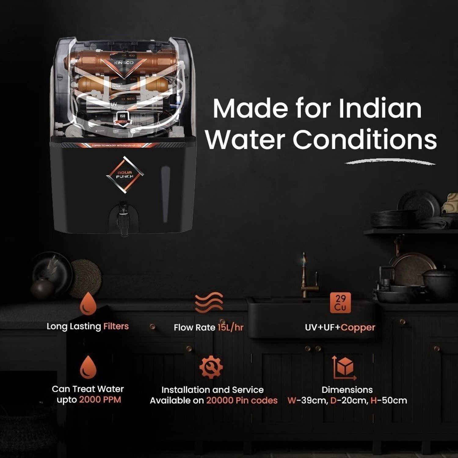 Image of Kinsco Aqua Punch | Needs No service For 2 Years 15 L RO + UV + UF + Copper + Minerals Water Purifier