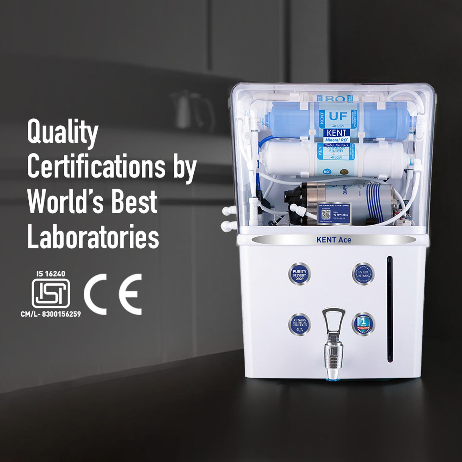 Image of KENT Ace 8 L RO + UV + UF Water Purifier Advanced RO Tech for Sabse Shudh Paani Auto Flush 8L 20 LPH Ideal for Borewell /Tanker /Municipal Water Largest Service Network