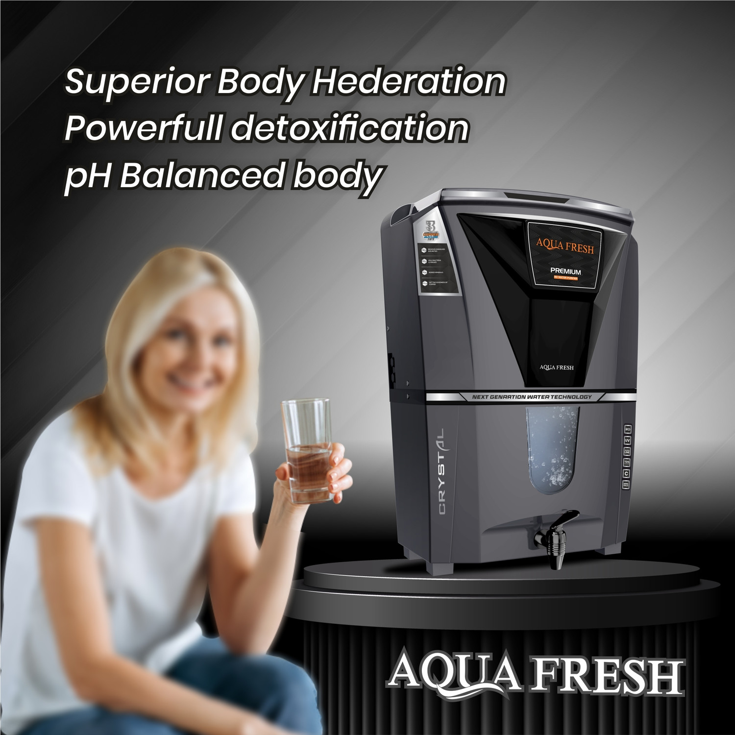 Image of Aqua Fresh CRYSTAL BLK COPPER+RO+UV+UF+MIN+TDS AUTOMATIC ELECTRICAL BOREWELL WATER PURIFIER 12 L RO + UV + UF + Minerals + TDS Control Water Purifier